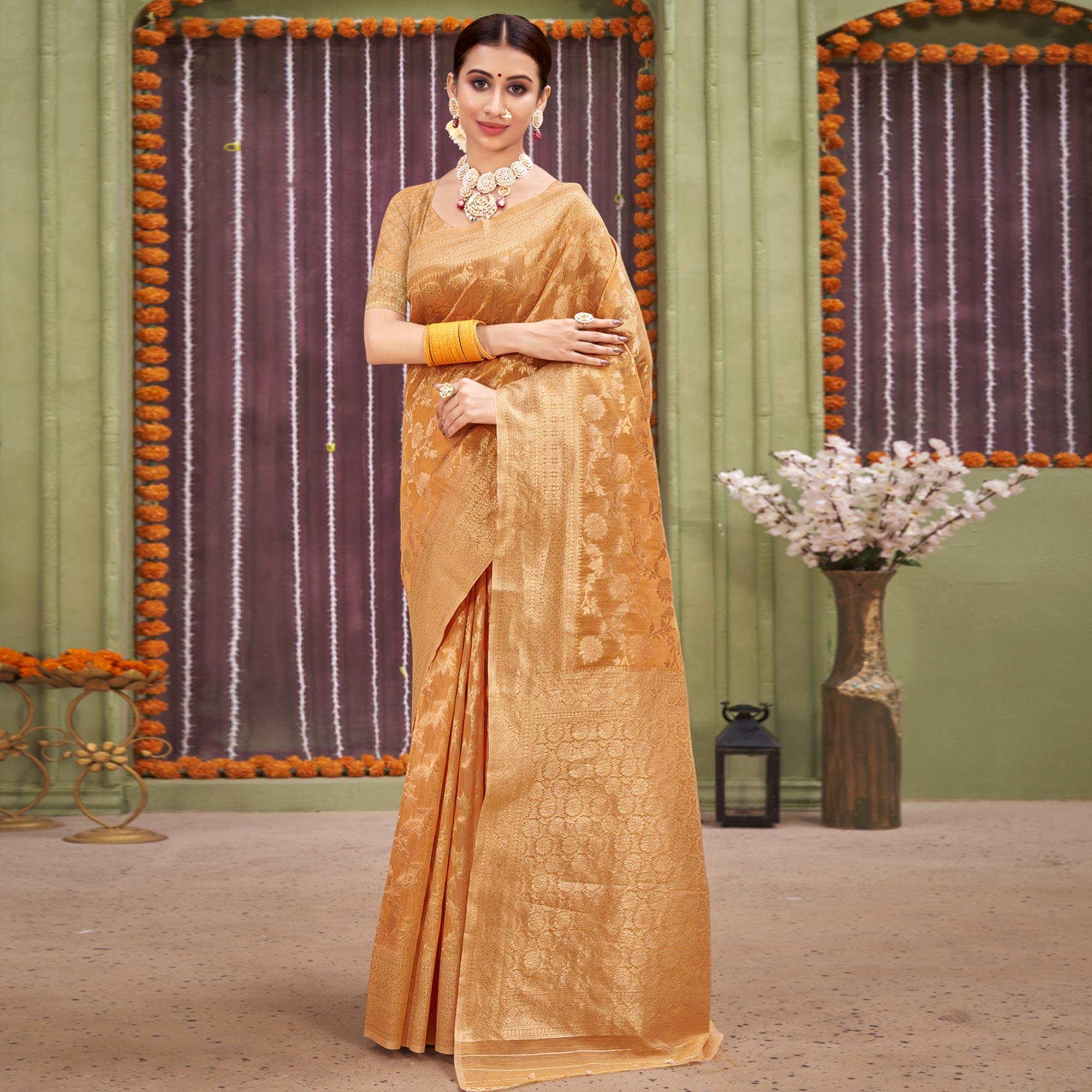 Light Orange Woven Linen Saree - Peachmode
