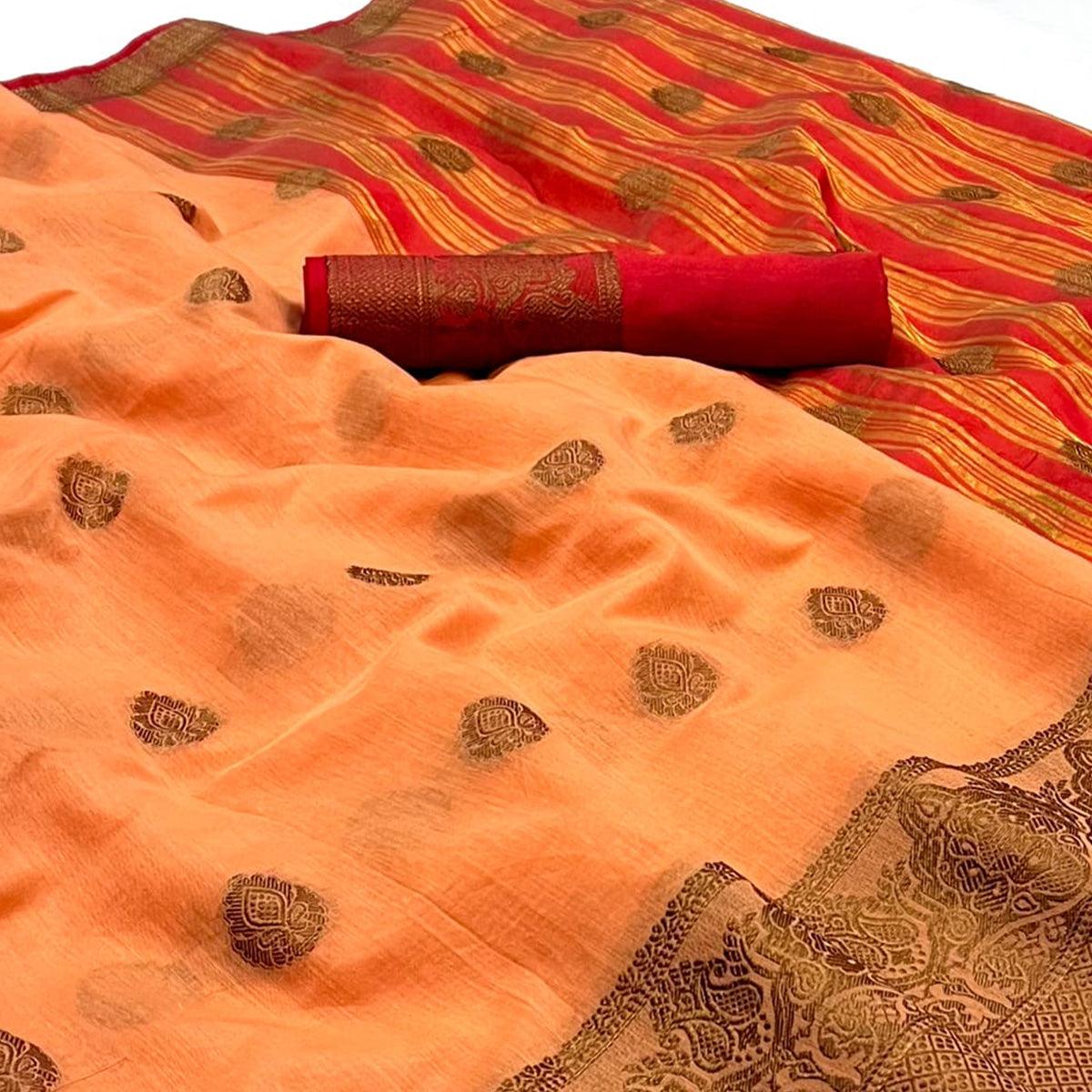Light Orange Woven Linen Saree - Peachmode