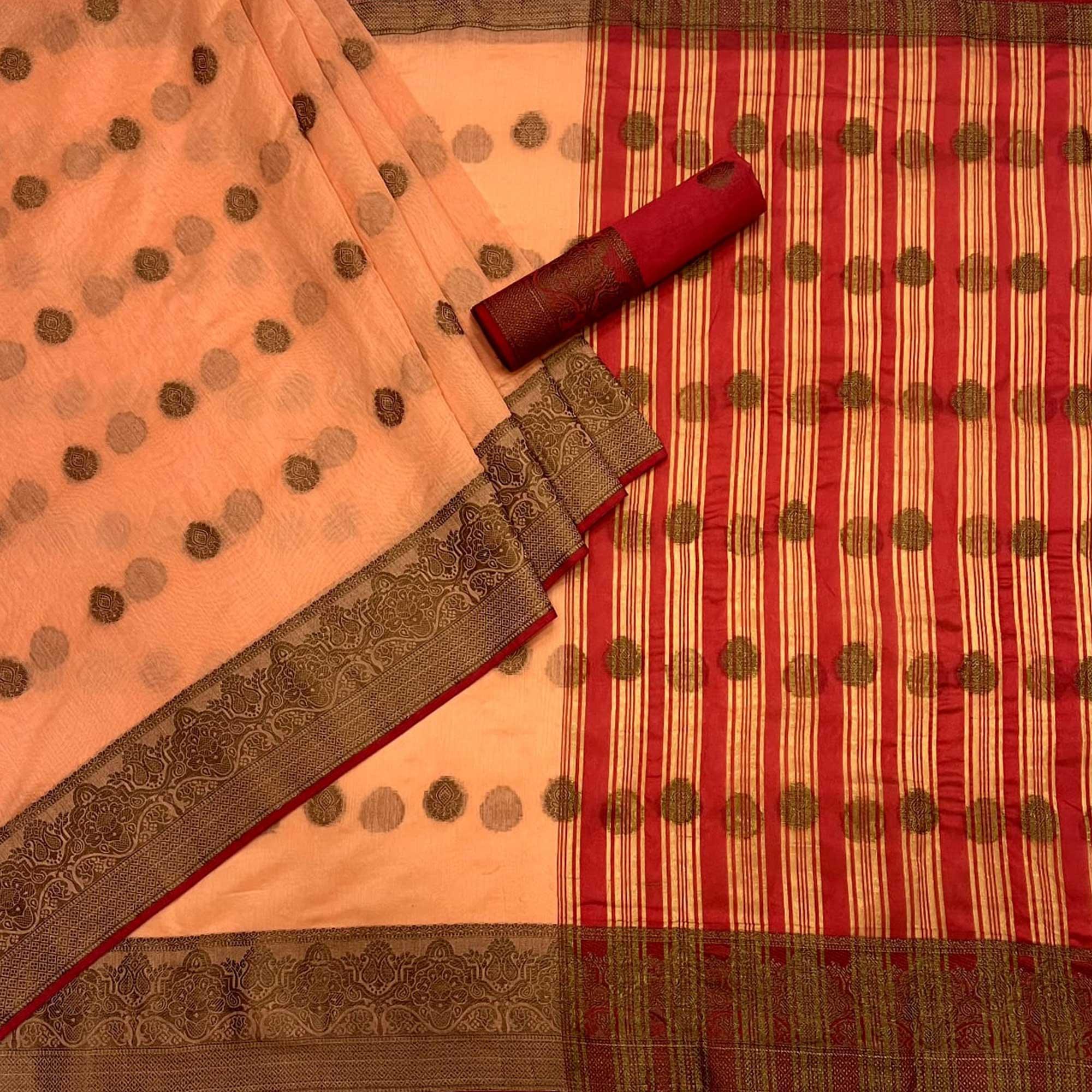 Light Orange Woven Linen Saree - Peachmode