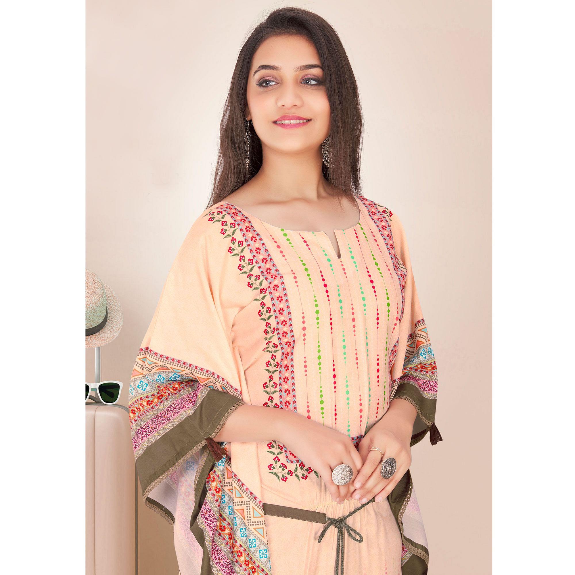 Light Peach Casual Wear Floral Digtial Printed Modal Kaftan Kurti - Peachmode