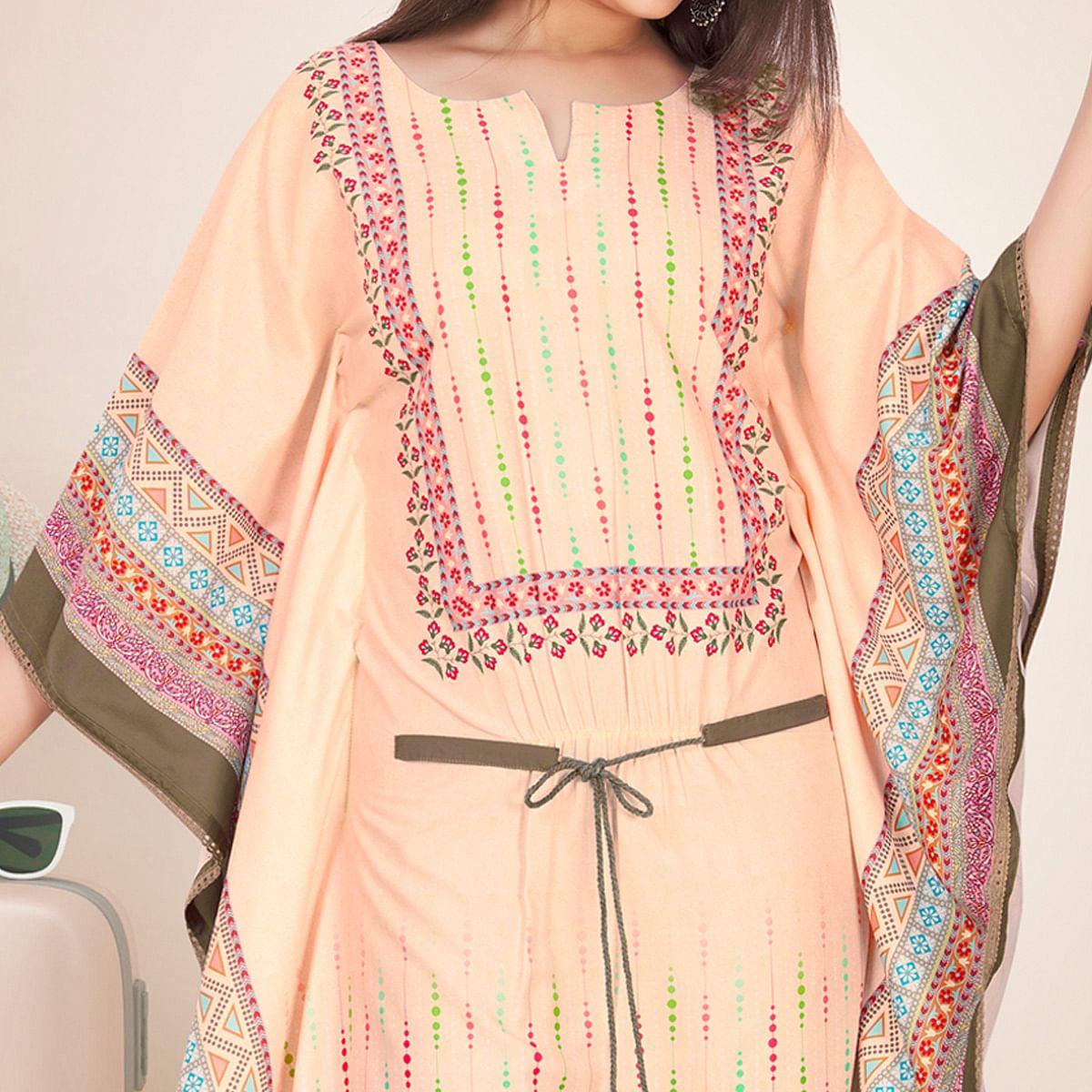 Light Peach Casual Wear Floral Digtial Printed Modal Kaftan Kurti - Peachmode
