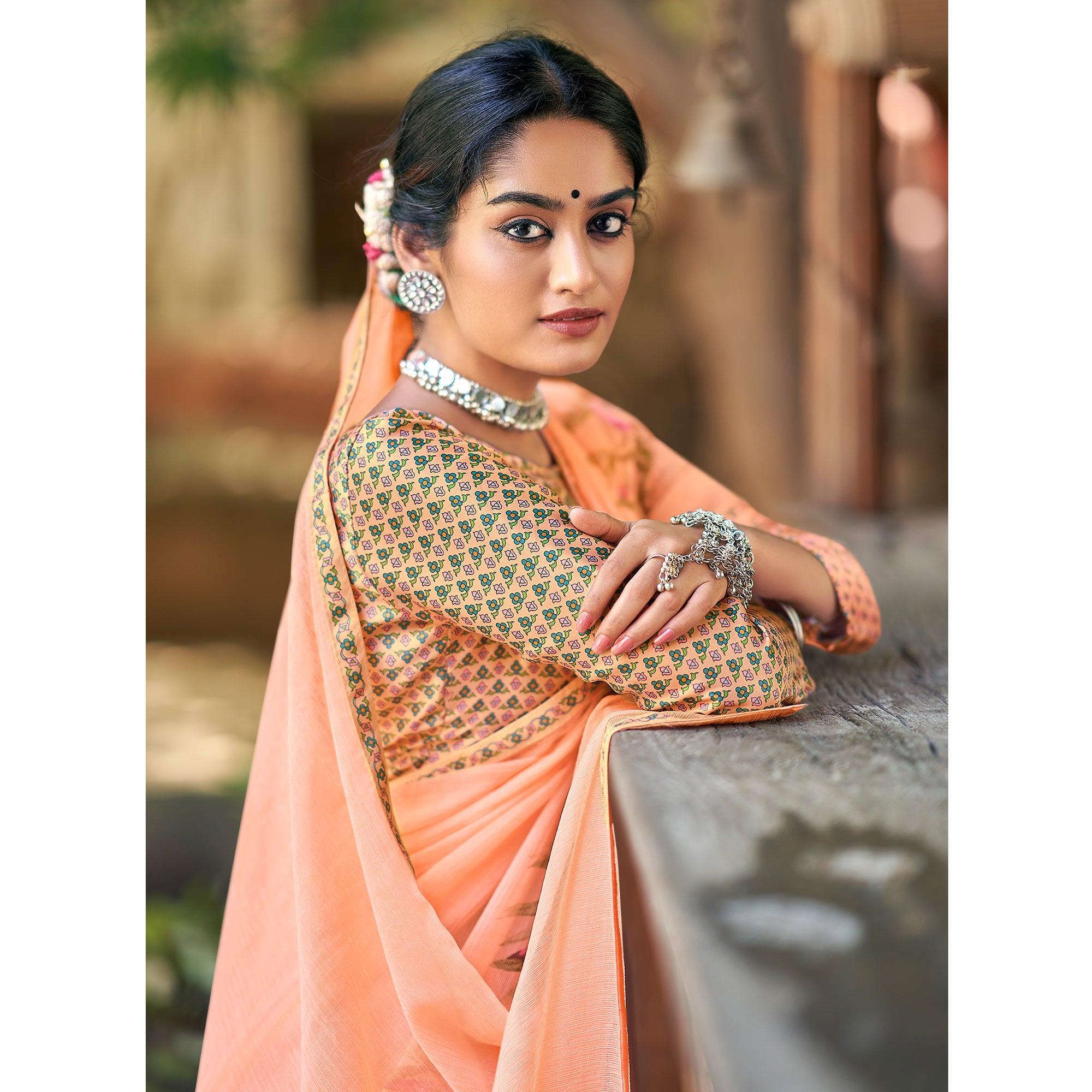 Light Peach Casual Wear Floral Printed Chiffon Saree With Fancy Blouse - Peachmode
