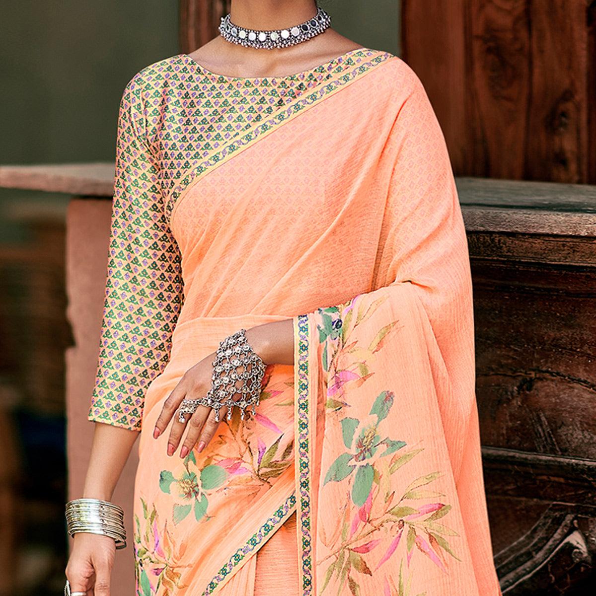 Light Peach Casual Wear Floral Printed Chiffon Saree With Fancy Blouse - Peachmode