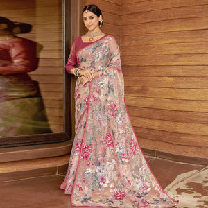 Light Peach Casual Wear Floral Printed Organza Brasso Saree - Peachmode