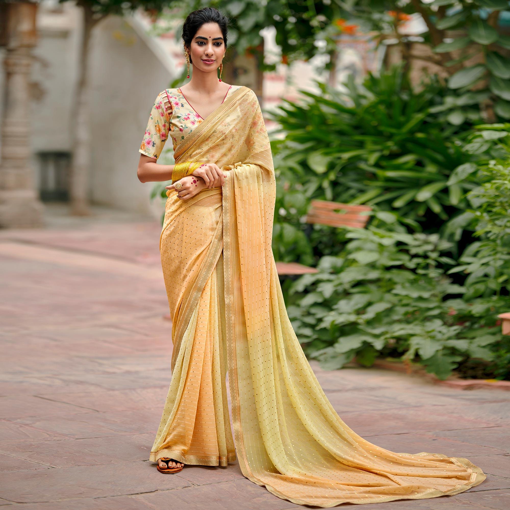 Light Peach Casual Wear Foil Printed Georgette Saree - Peachmode