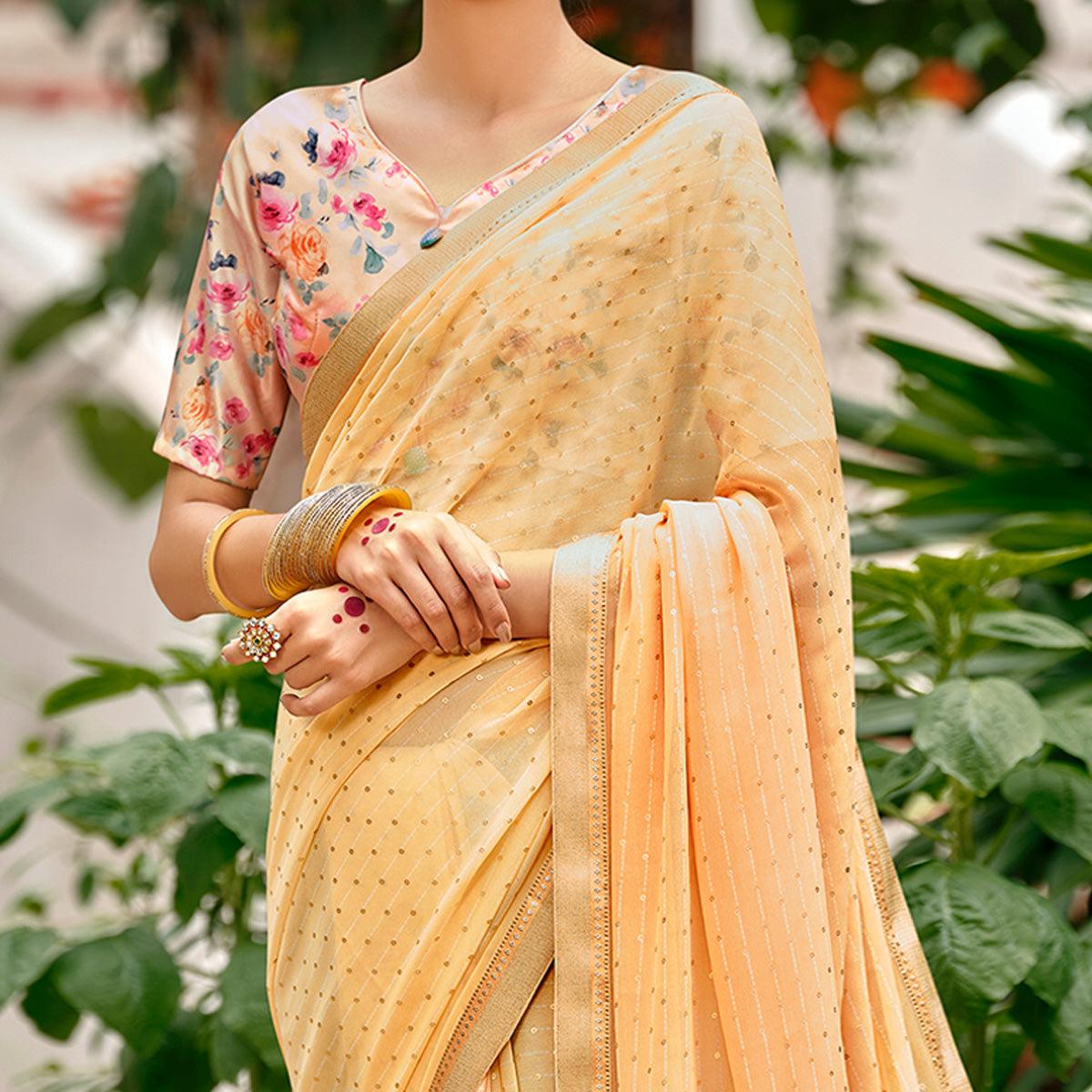 Light Peach Casual Wear Foil Printed Georgette Saree - Peachmode