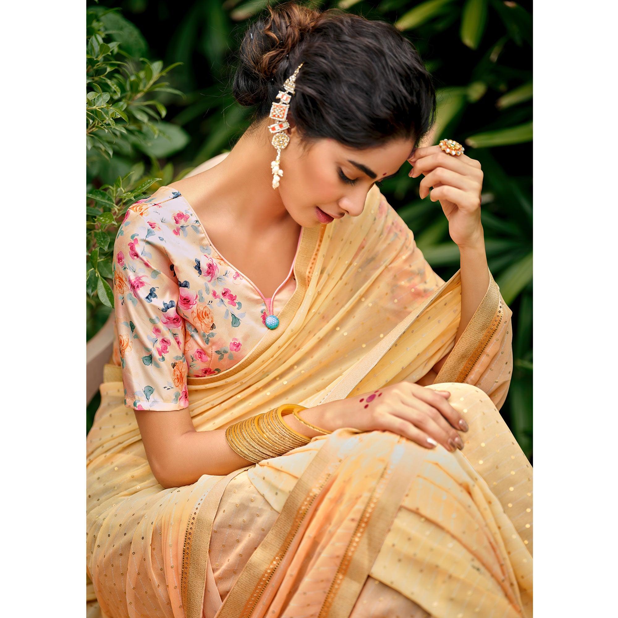 Light Peach Casual Wear Foil Printed Georgette Saree - Peachmode