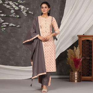 Light Peach Casual Wear Printed Cotton Kurti - Pant Set With Dupatta - Peachmode