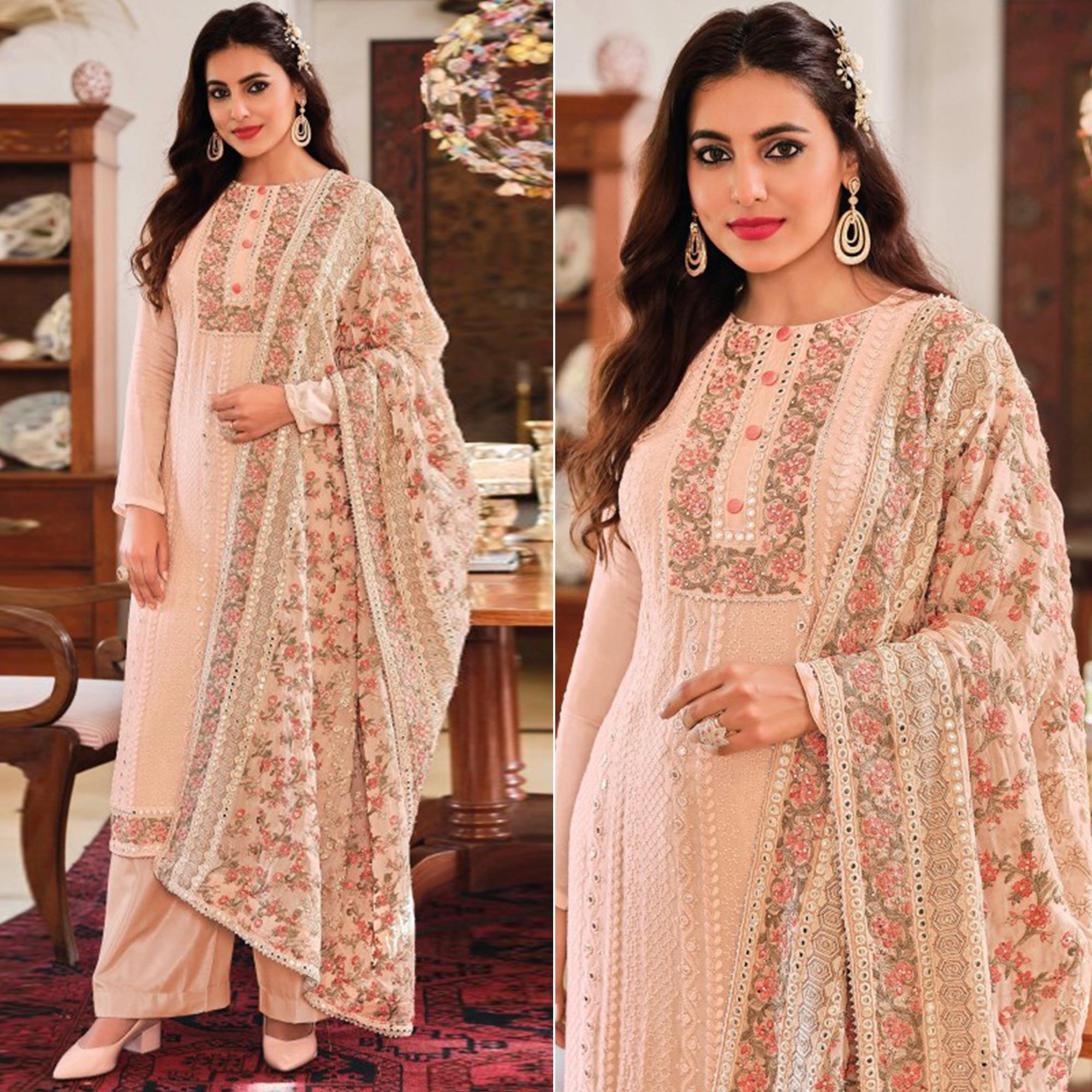 Light Peach Embroidered With Mirror Work Georgette Palazzo Suit - Peachmode