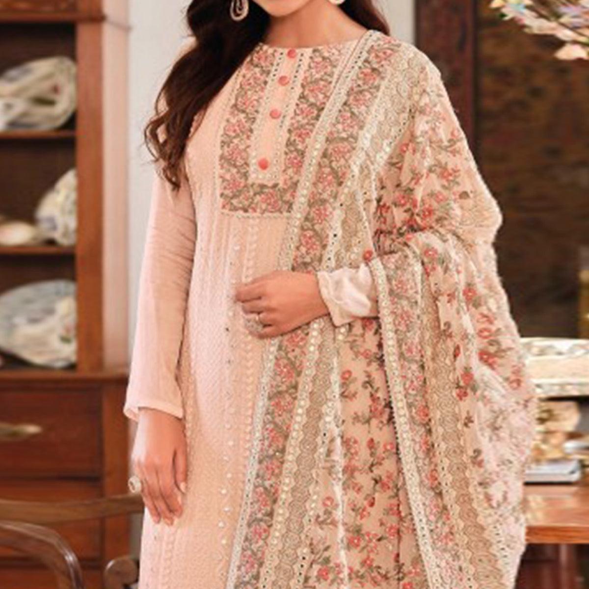 Light Peach Embroidered With Mirror Work Georgette Palazzo Suit - Peachmode