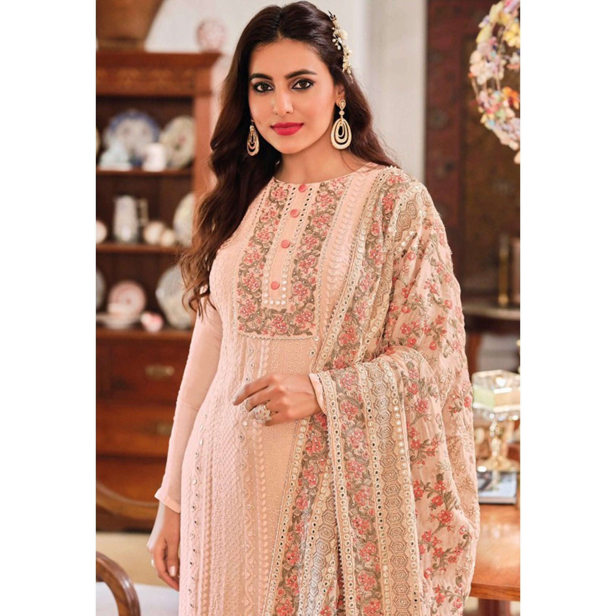 Light Peach Embroidered With Mirror Work Georgette Palazzo Suit - Peachmode