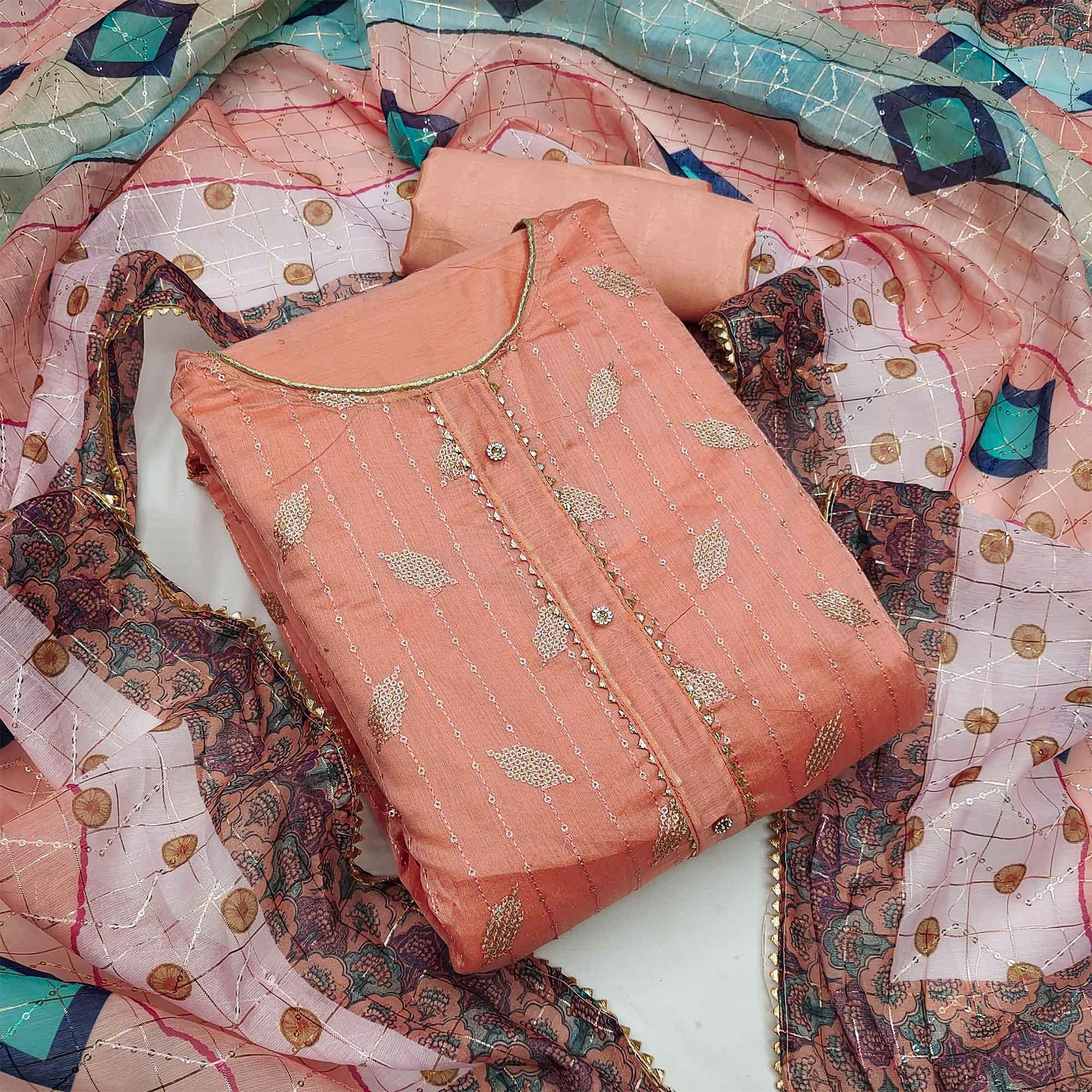 Light Peach Festive Wear Embroidered Chanderi Dress Material - Peachmode