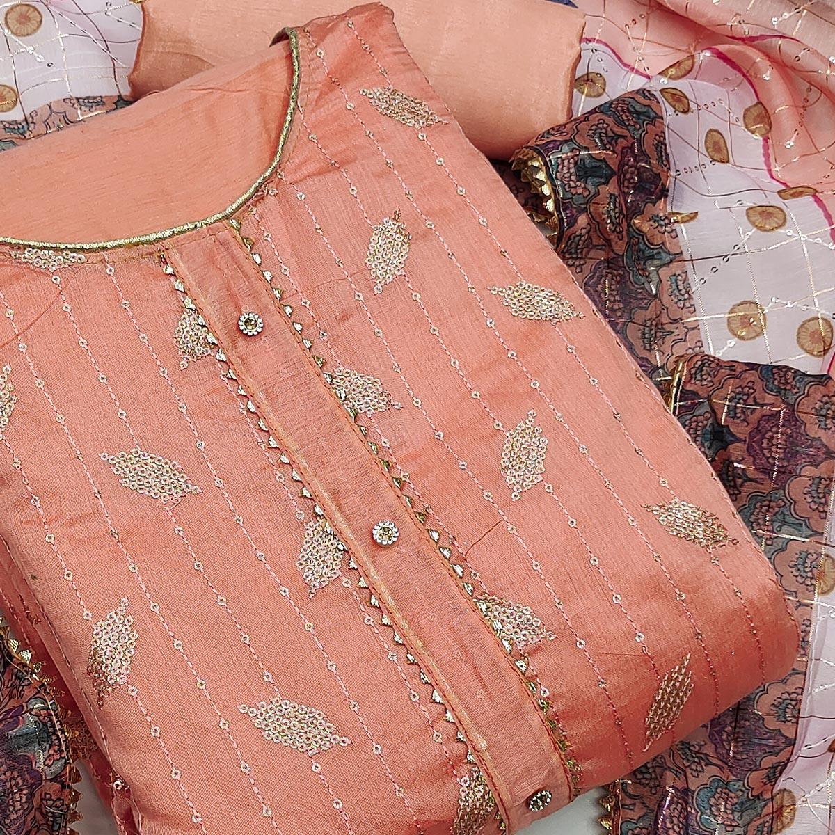 Light Peach Festive Wear Embroidered Chanderi Dress Material - Peachmode