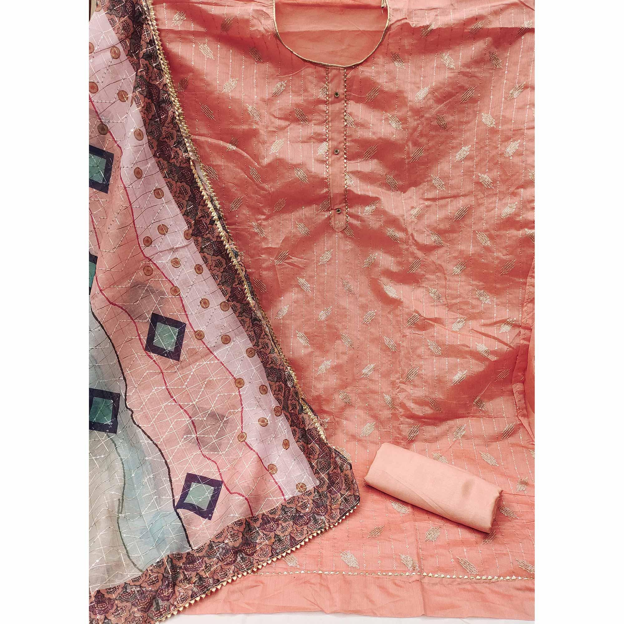 Light Peach Festive Wear Embroidered Chanderi Dress Material - Peachmode