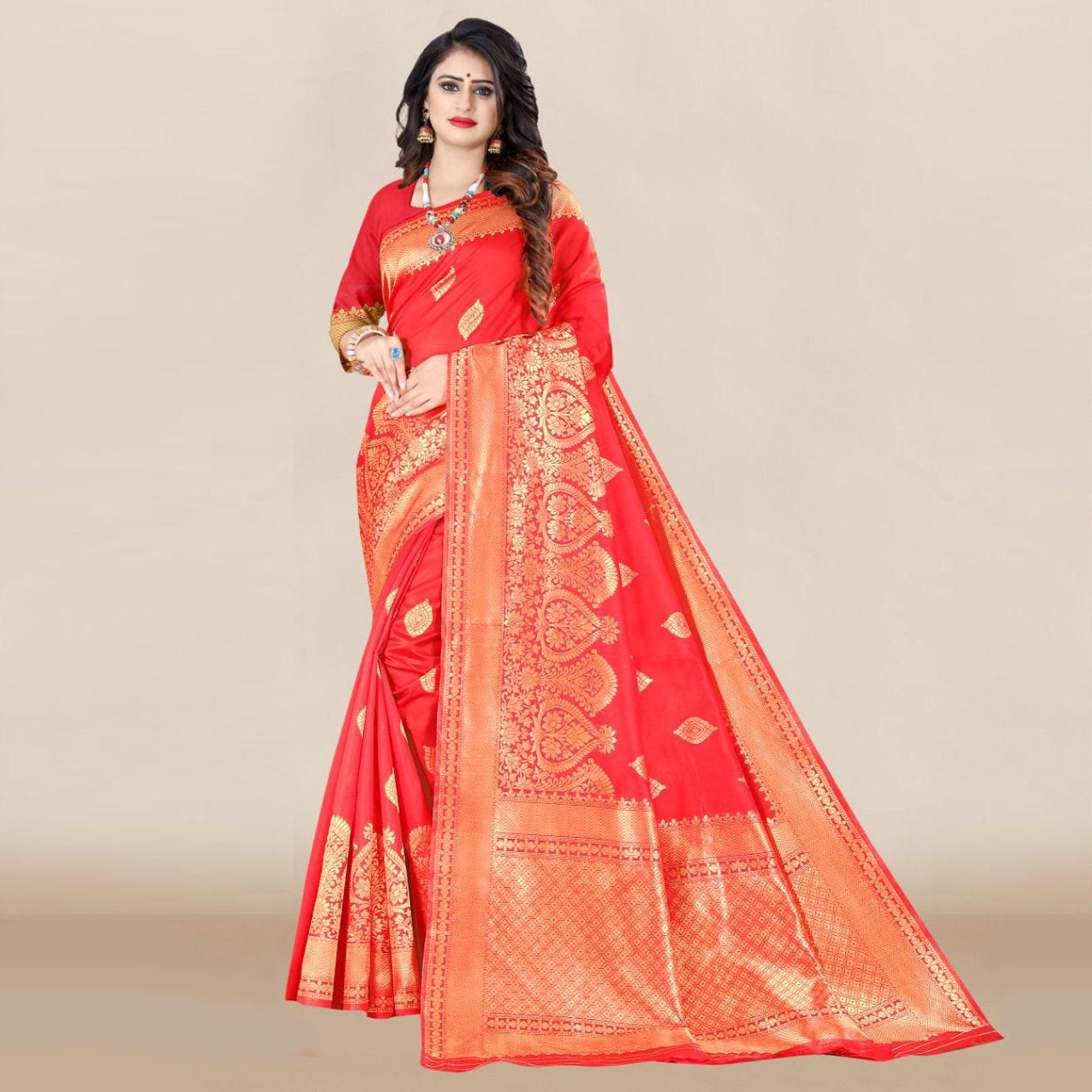 Light Peach Festive Wear Woven Banarasi Silk Saree - Peachmode
