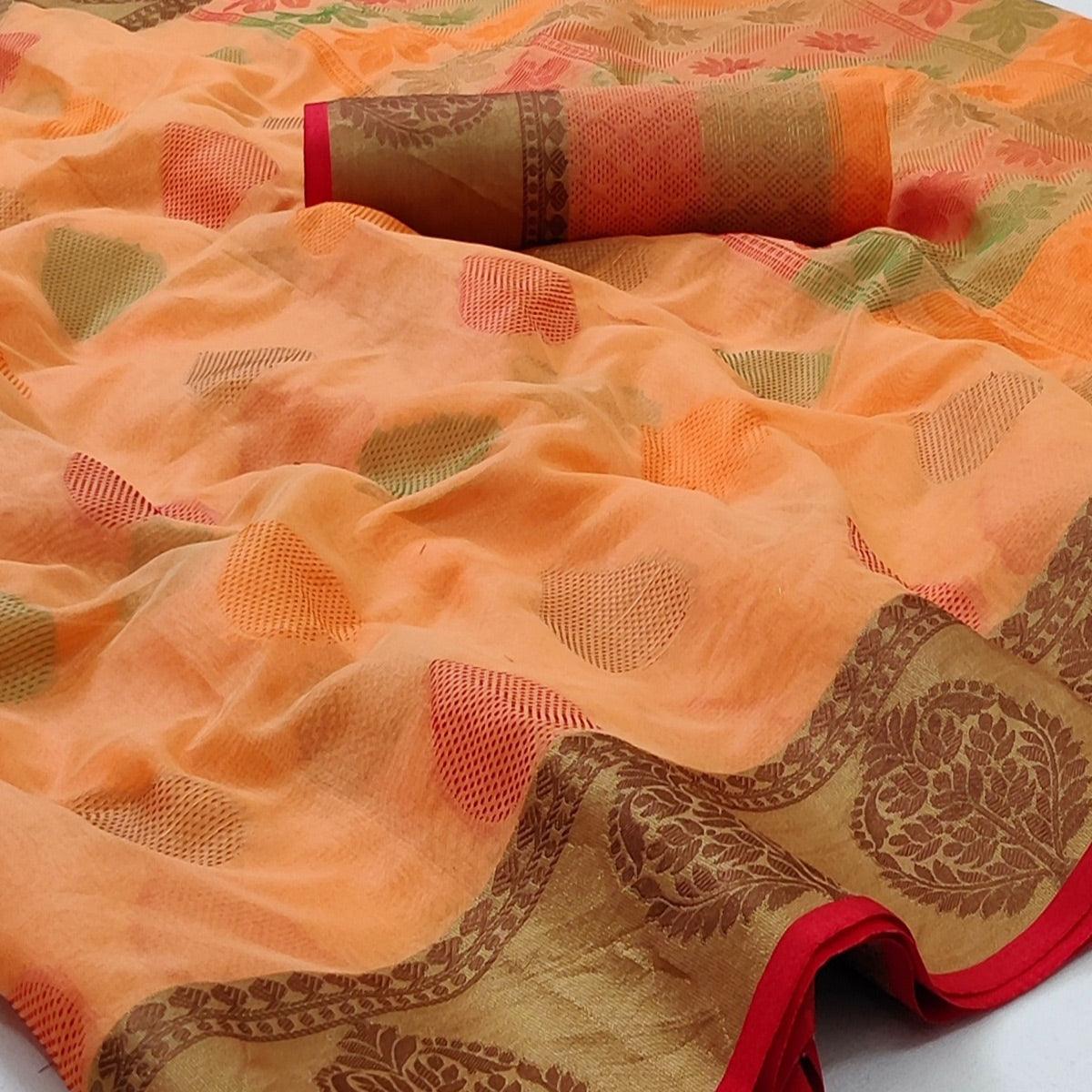 Light Peach Festive Wear Woven Rich Pallu Organza Saree - Peachmode