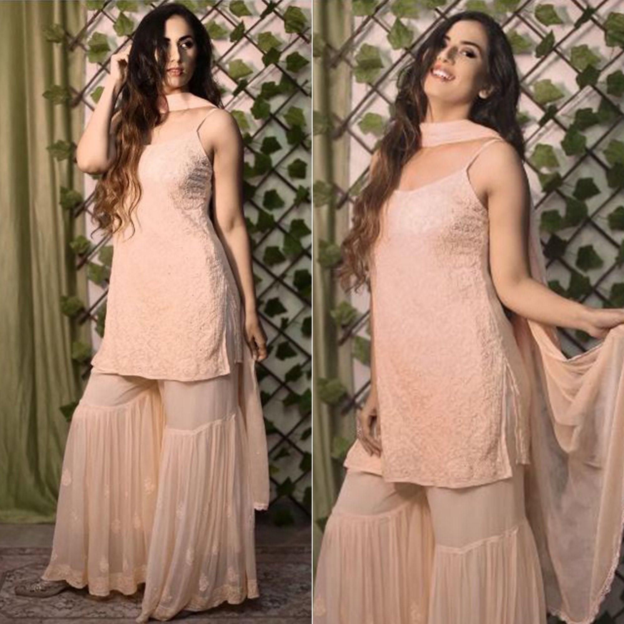 Light Peach Lucknowi Embroidered Georgette Sharara Suit - Peachmode