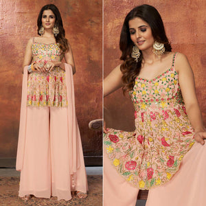 Light Peach Party Wear Embroiddered Georgette Sharara Suit - Peachmode