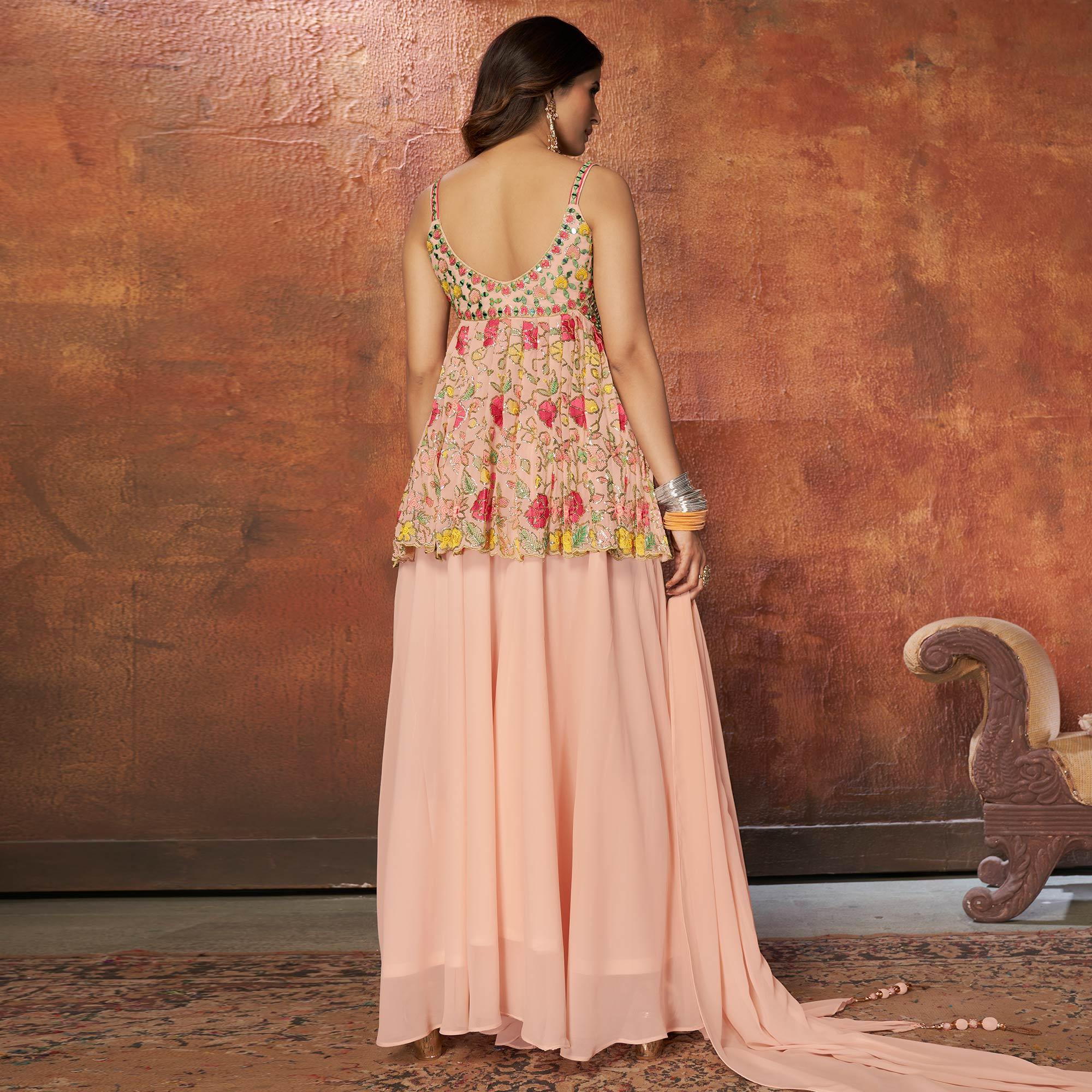 Light Peach Party Wear Embroiddered Georgette Sharara Suit - Peachmode