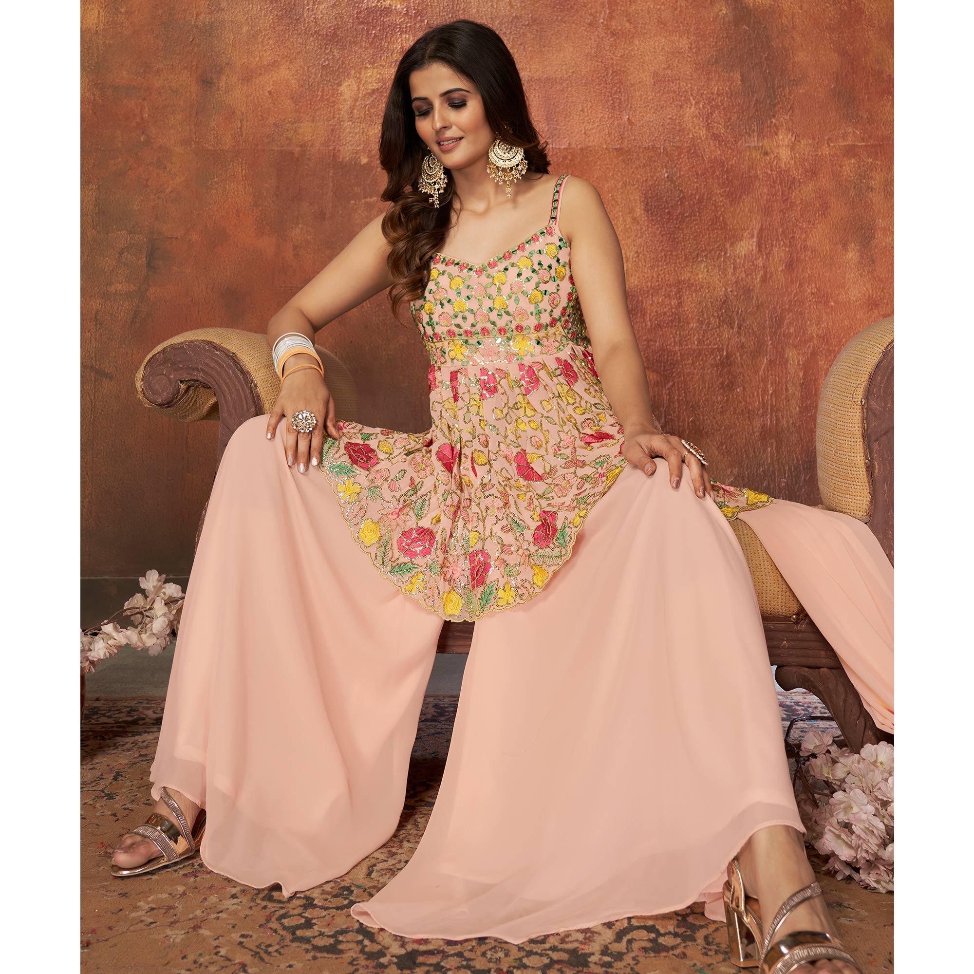 Light Peach Party Wear Embroiddered Georgette Sharara Suit - Peachmode