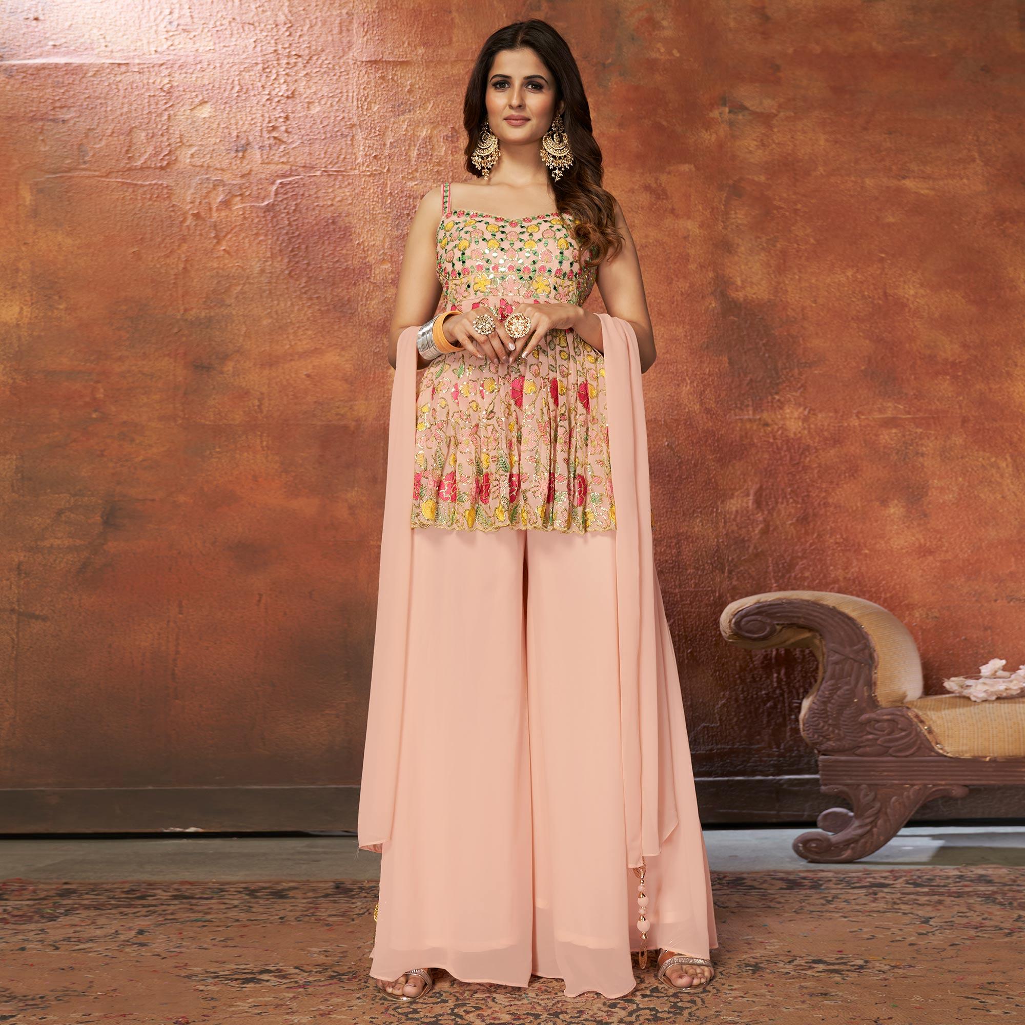 Light Peach Party Wear Embroiddered Georgette Sharara Suit - Peachmode