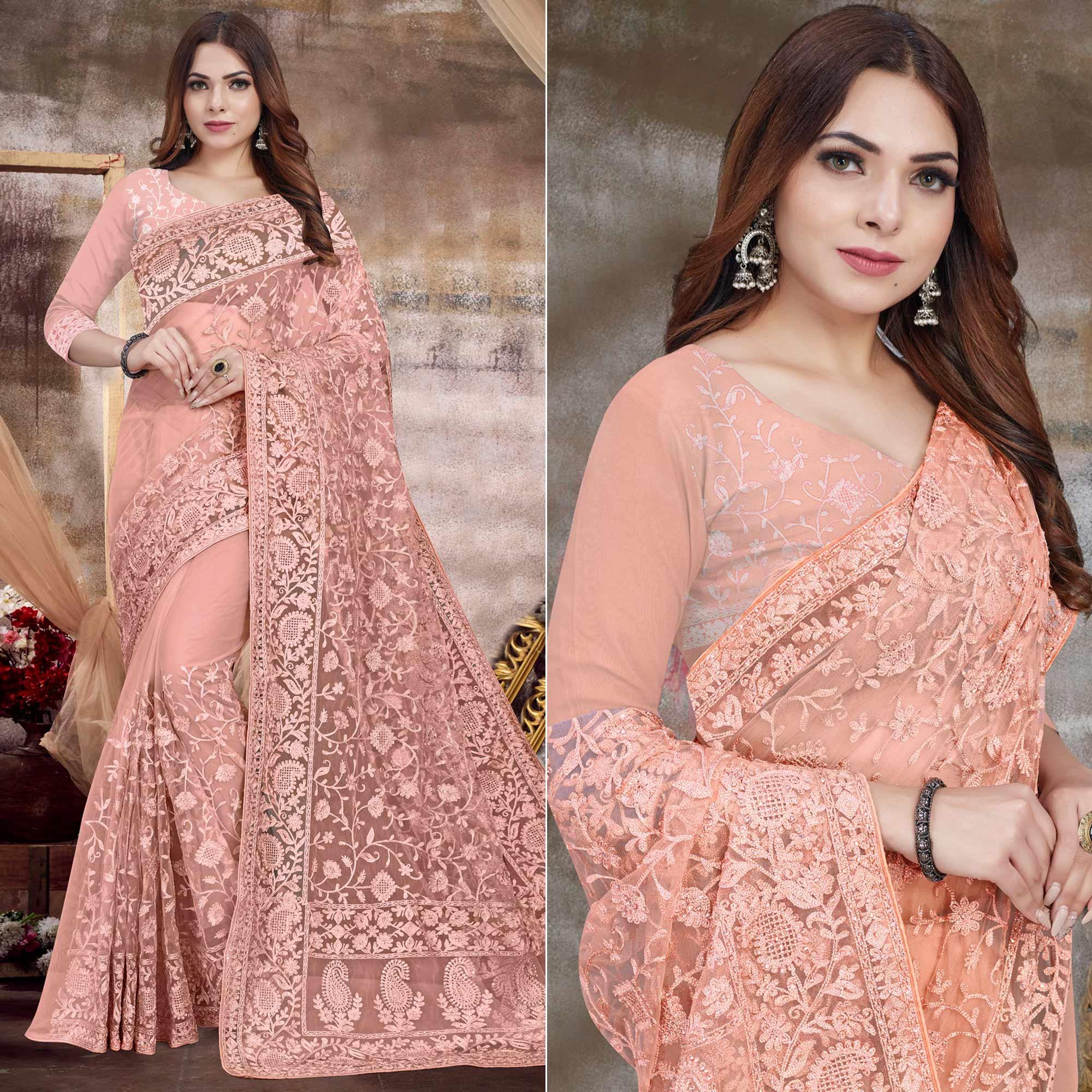 Light Peach Partywear Embroidery With Embellished Net Saree - Peachmode