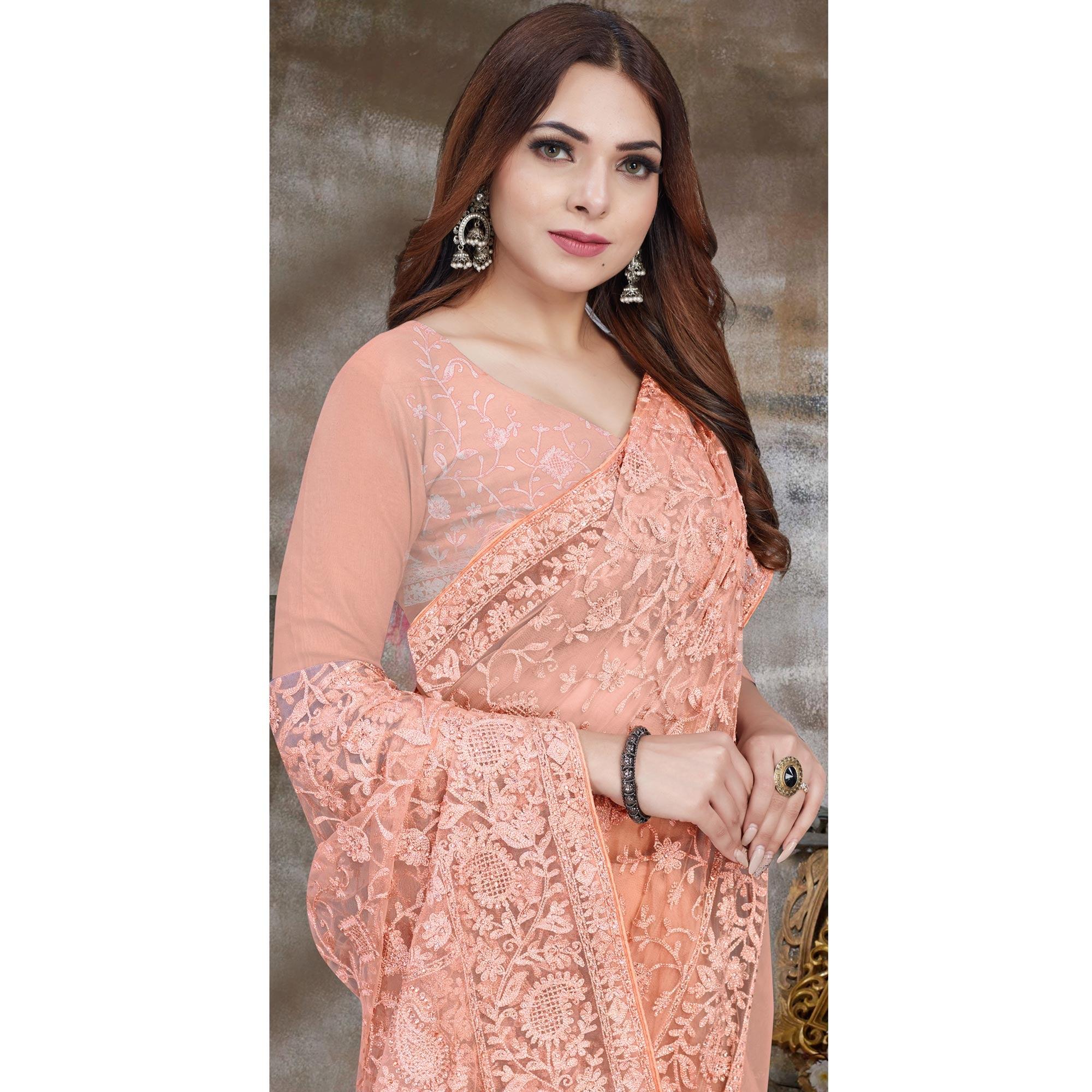 Light Peach Partywear Embroidery With Embellished Net Saree - Peachmode