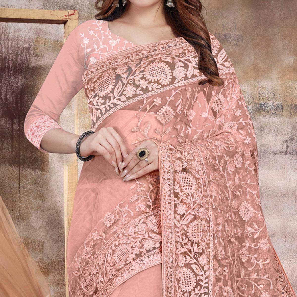Light Peach Partywear Embroidery With Embellished Net Saree - Peachmode