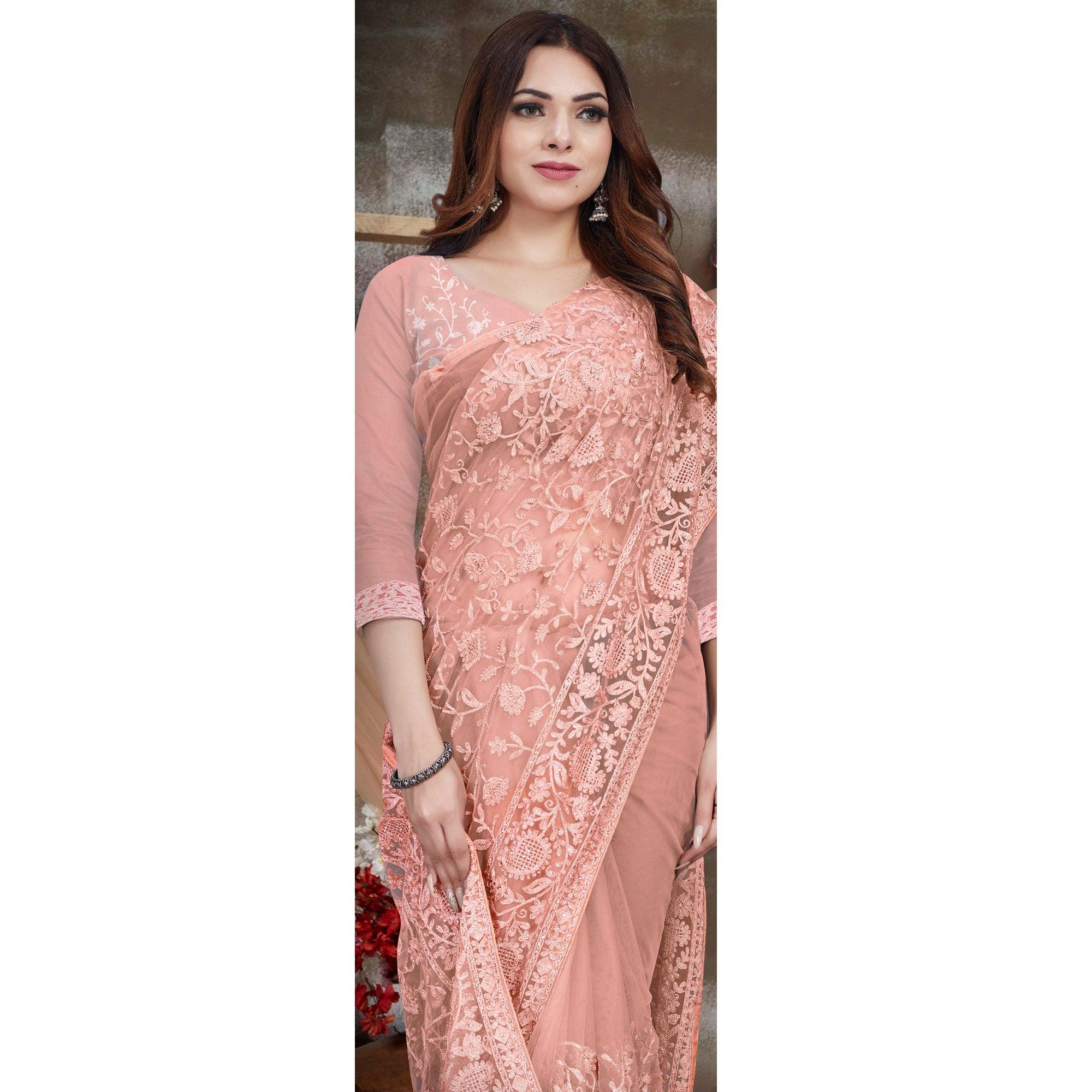 Light Peach Partywear Embroidery With Embellished Net Saree - Peachmode