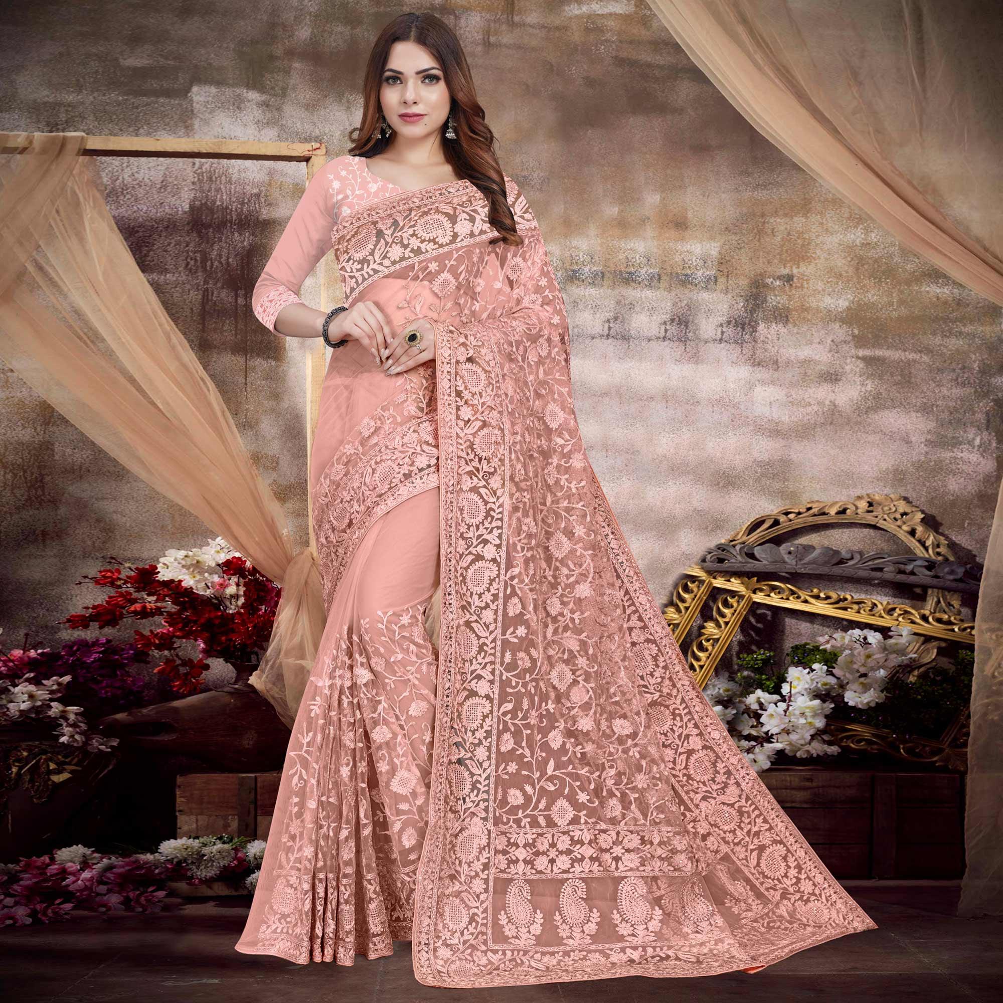 Light Peach Partywear Embroidery With Embellished Net Saree - Peachmode