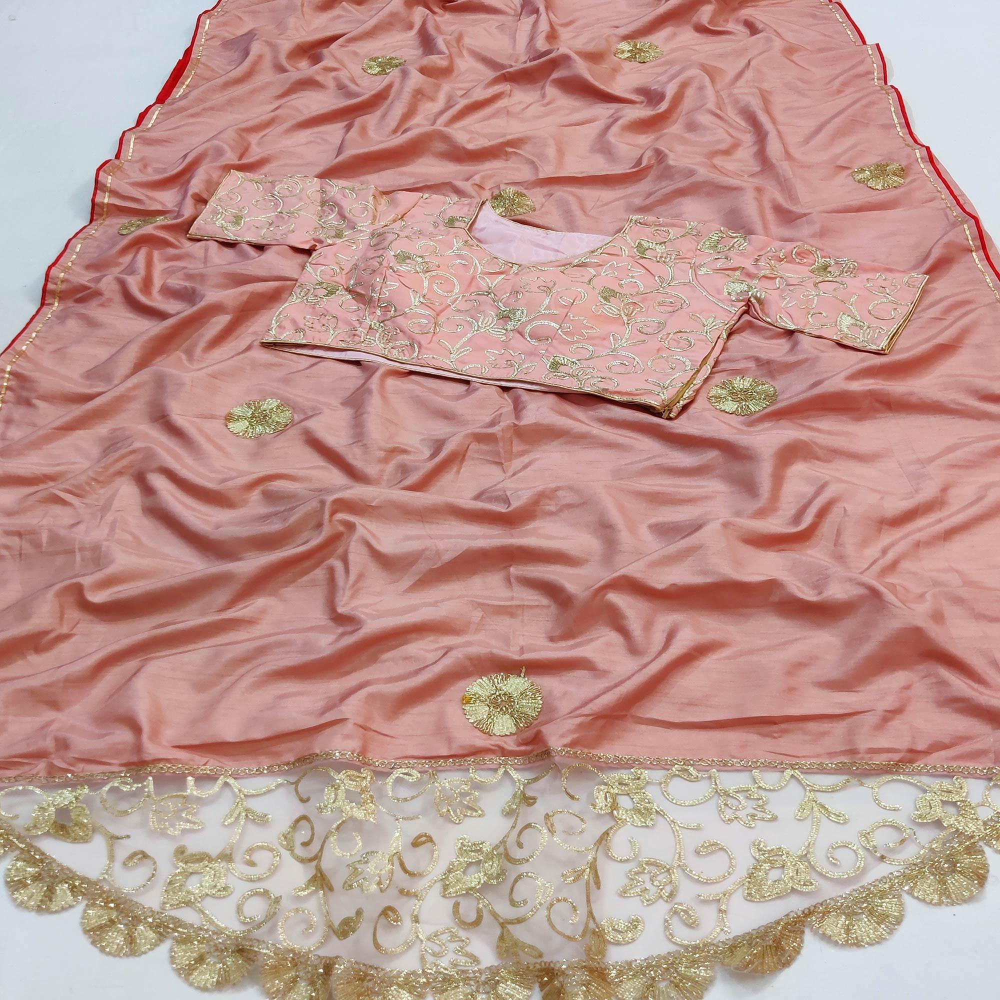 Light Peach Partywear Mukeish Embroidery Dola Silk Saree - Peachmode