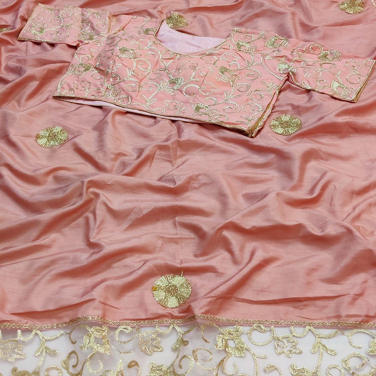 Light Peach Partywear Mukeish Embroidery Dola Silk Saree - Peachmode