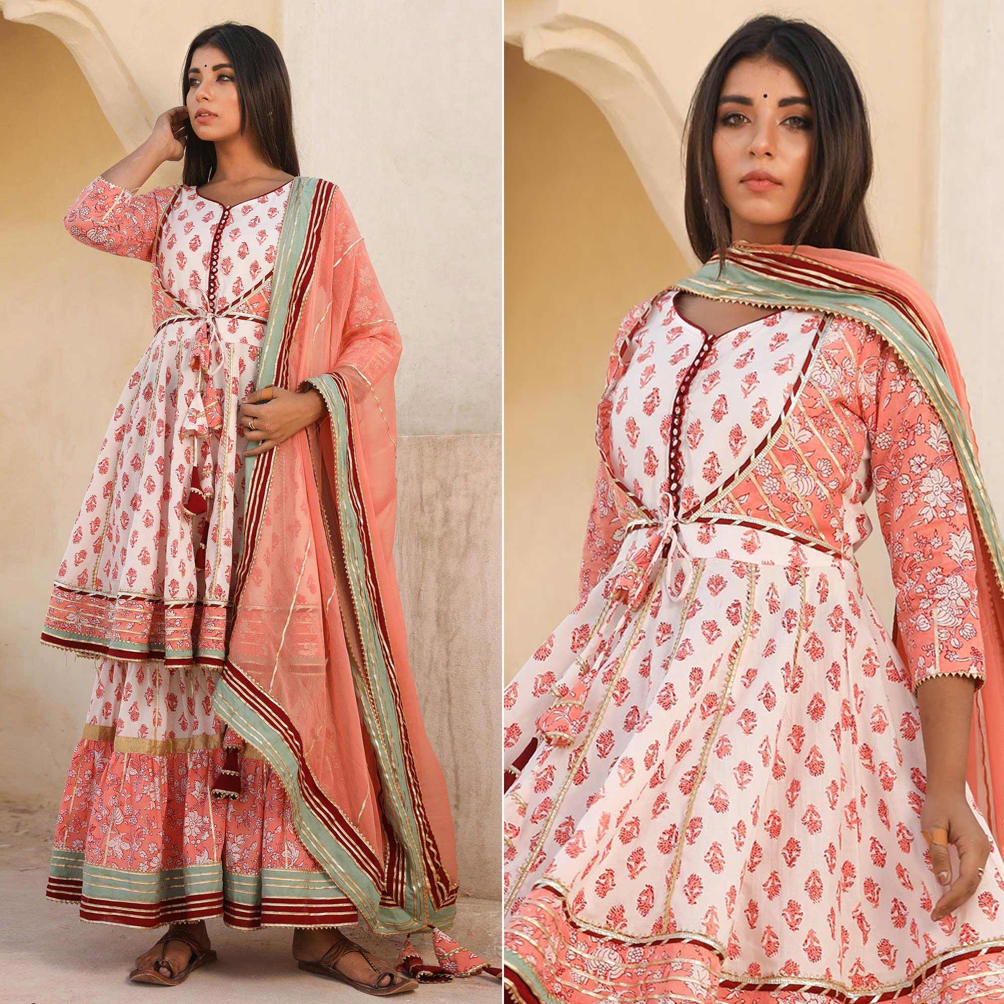 Light Peach Printed Cotton Partywear Sharara Suit - Peachmode