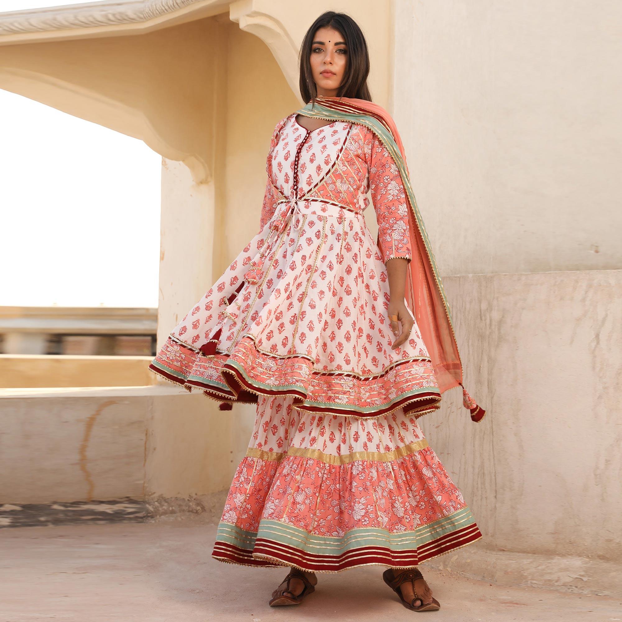 Light Peach Printed Cotton Partywear Sharara Suit - Peachmode