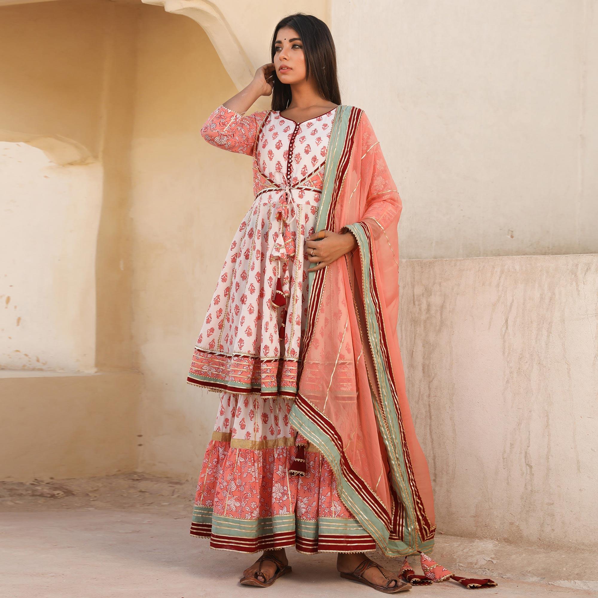 Light Peach Printed Cotton Partywear Sharara Suit - Peachmode