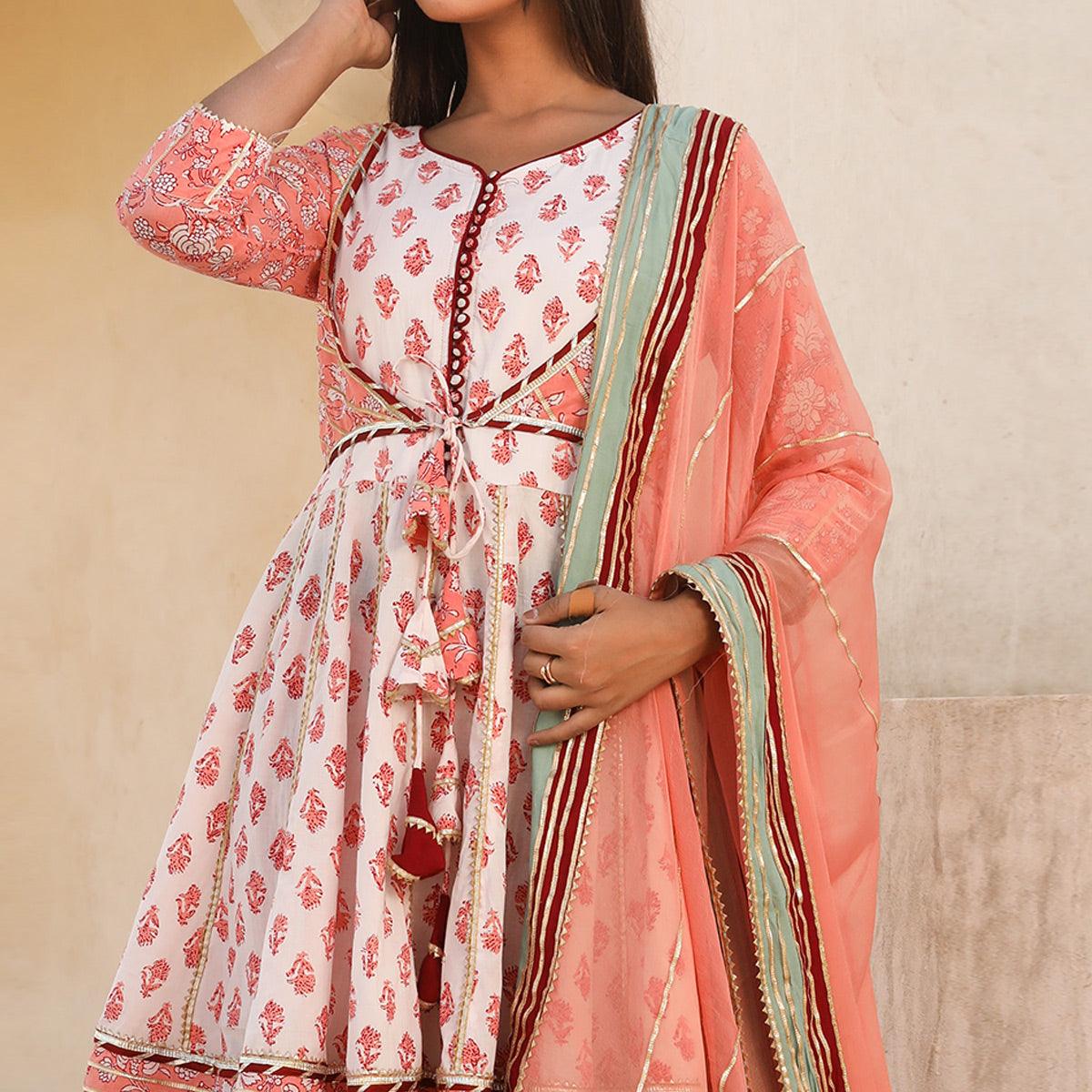 Light Peach Printed Cotton Partywear Sharara Suit - Peachmode