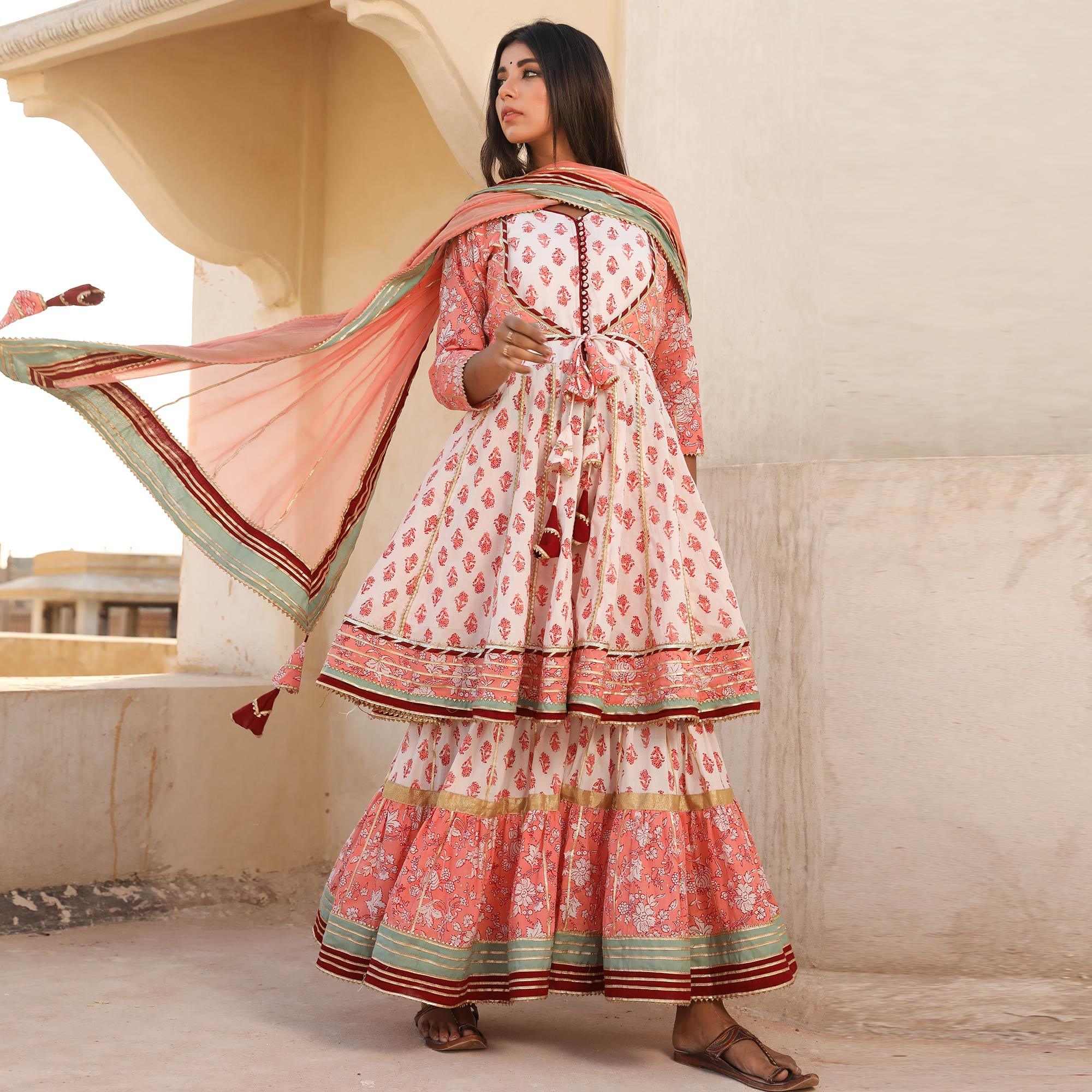 Light Peach Printed Cotton Partywear Sharara Suit - Peachmode