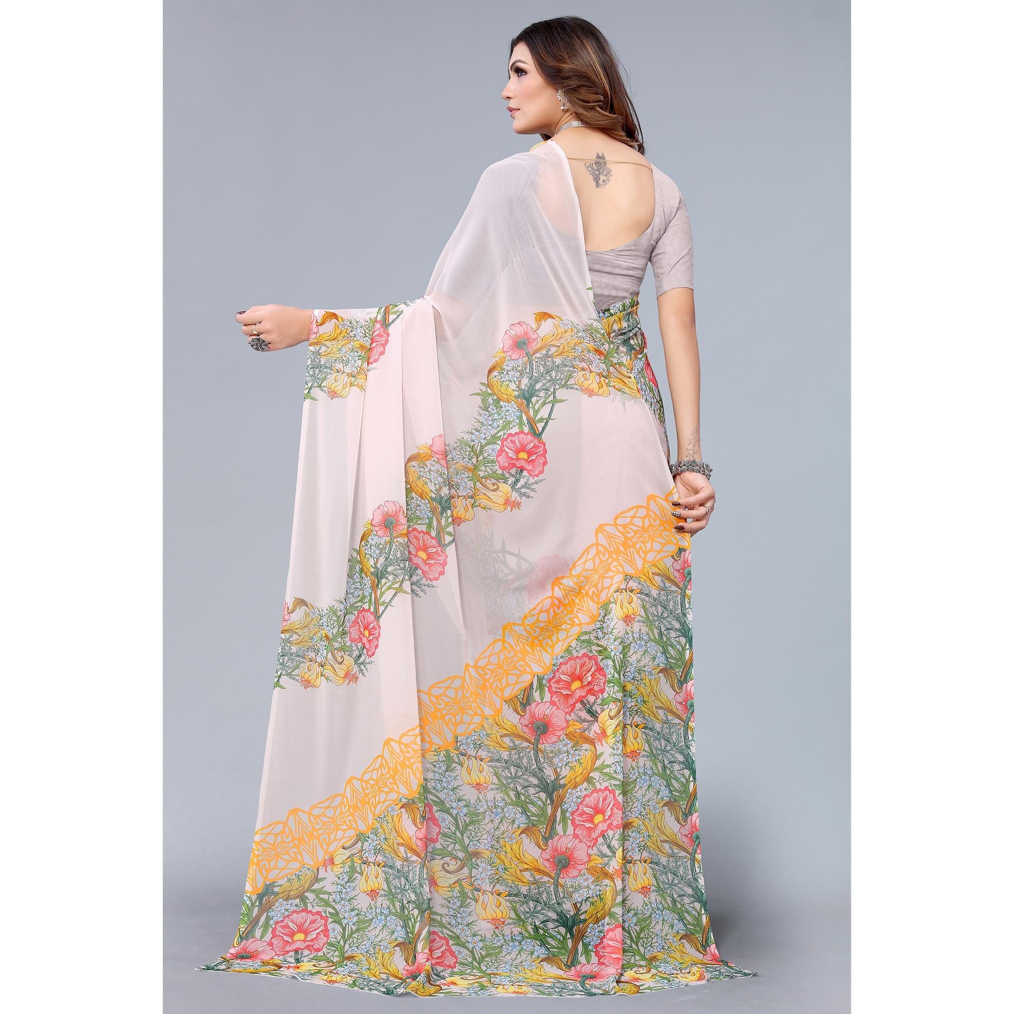 Light Peach Printed Georgette Saree - Peachmode