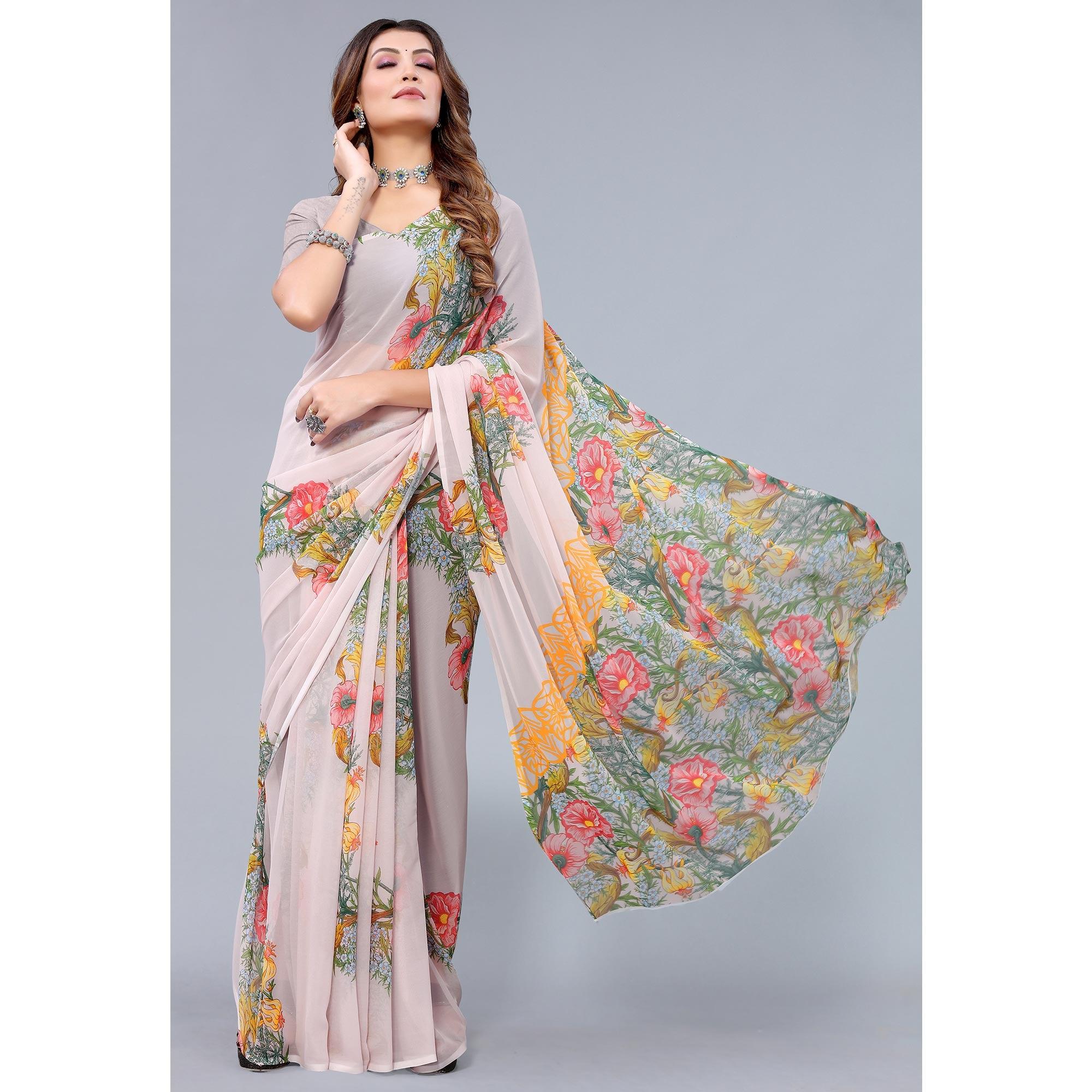 Light Peach Printed Georgette Saree - Peachmode