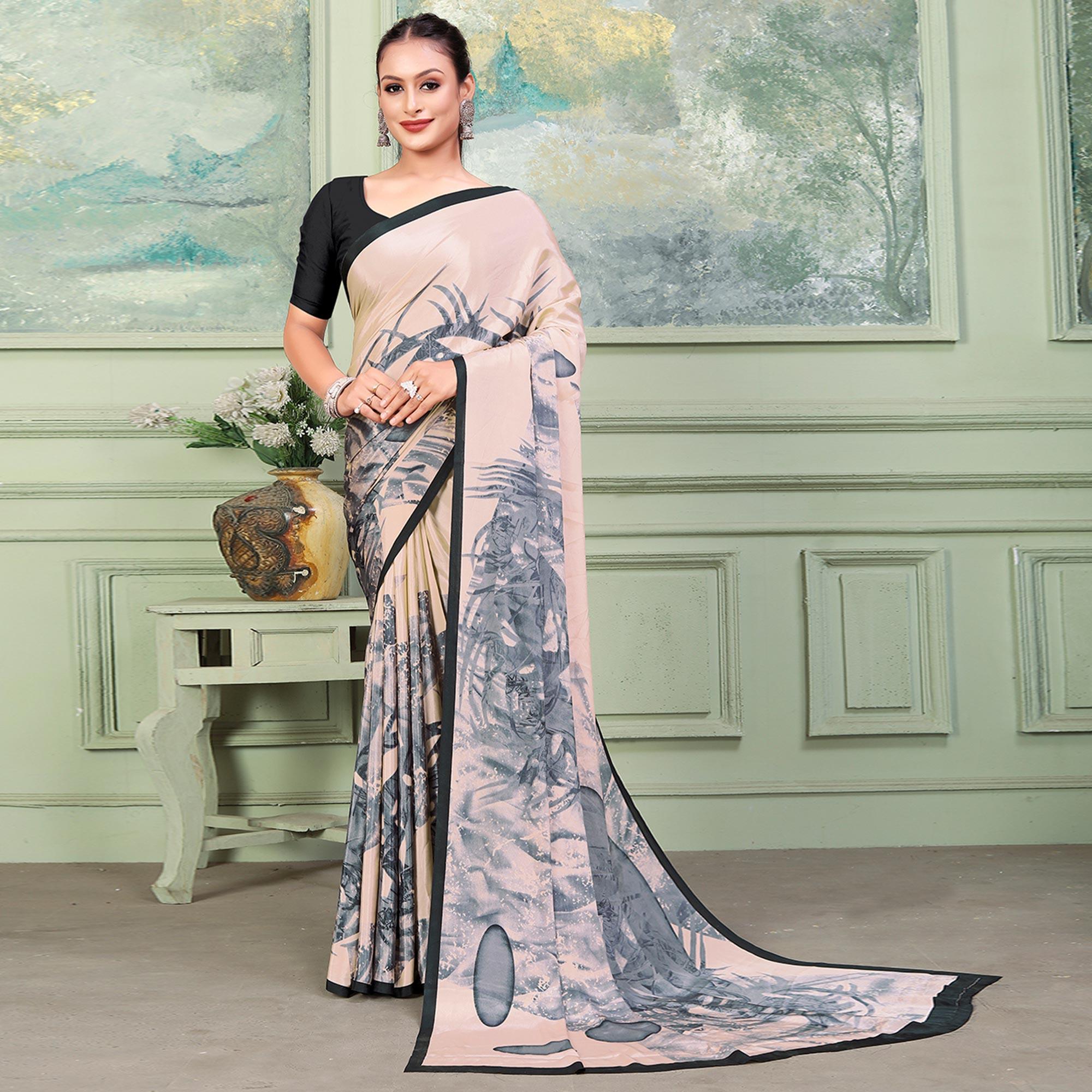 Light Peach Printed Raw Silk Saree - Peachmode