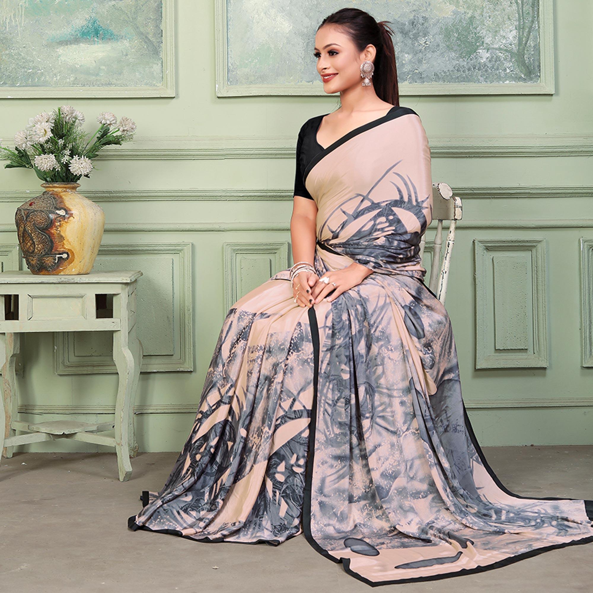 Light Peach Printed Raw Silk Saree - Peachmode