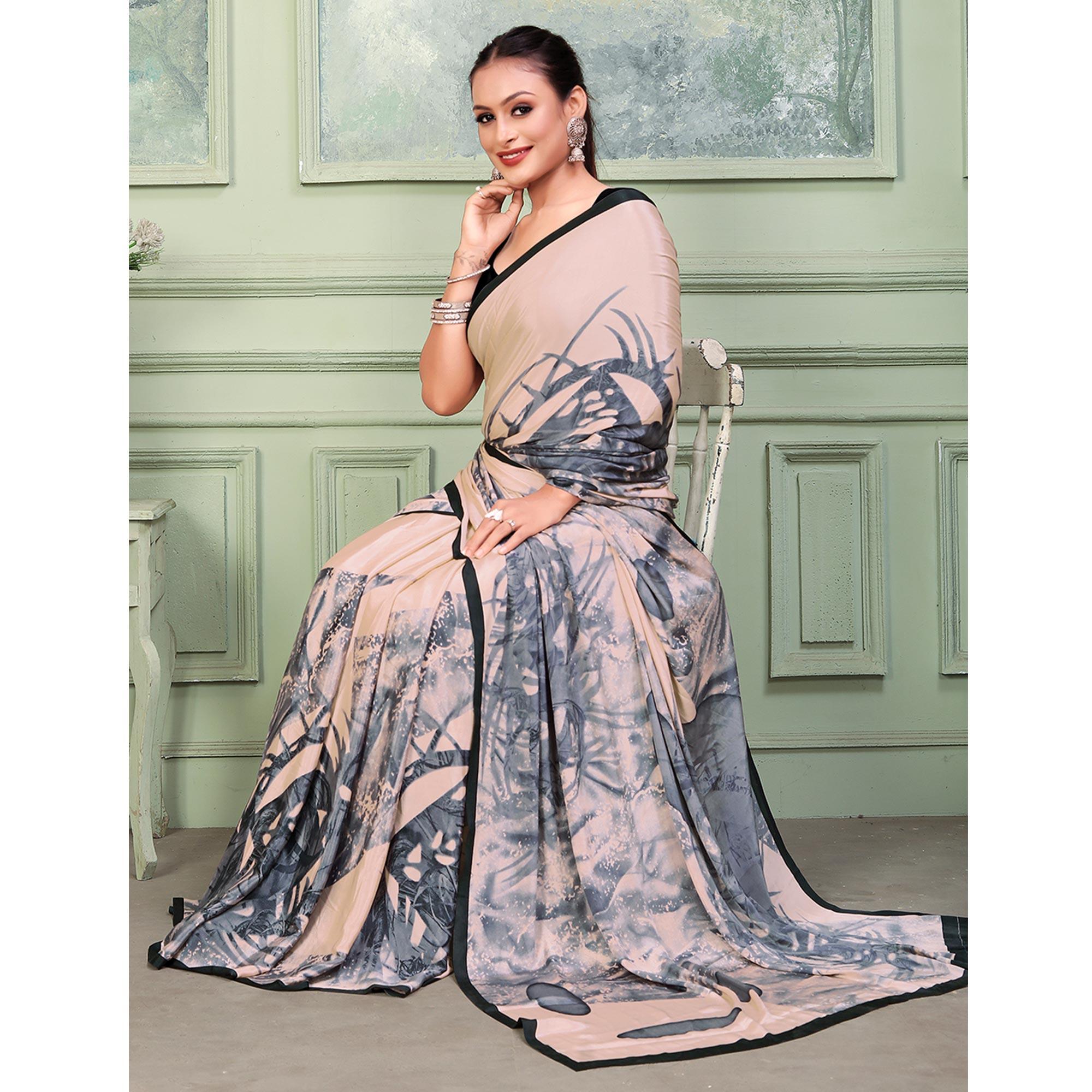 Light Peach Printed Raw Silk Saree - Peachmode