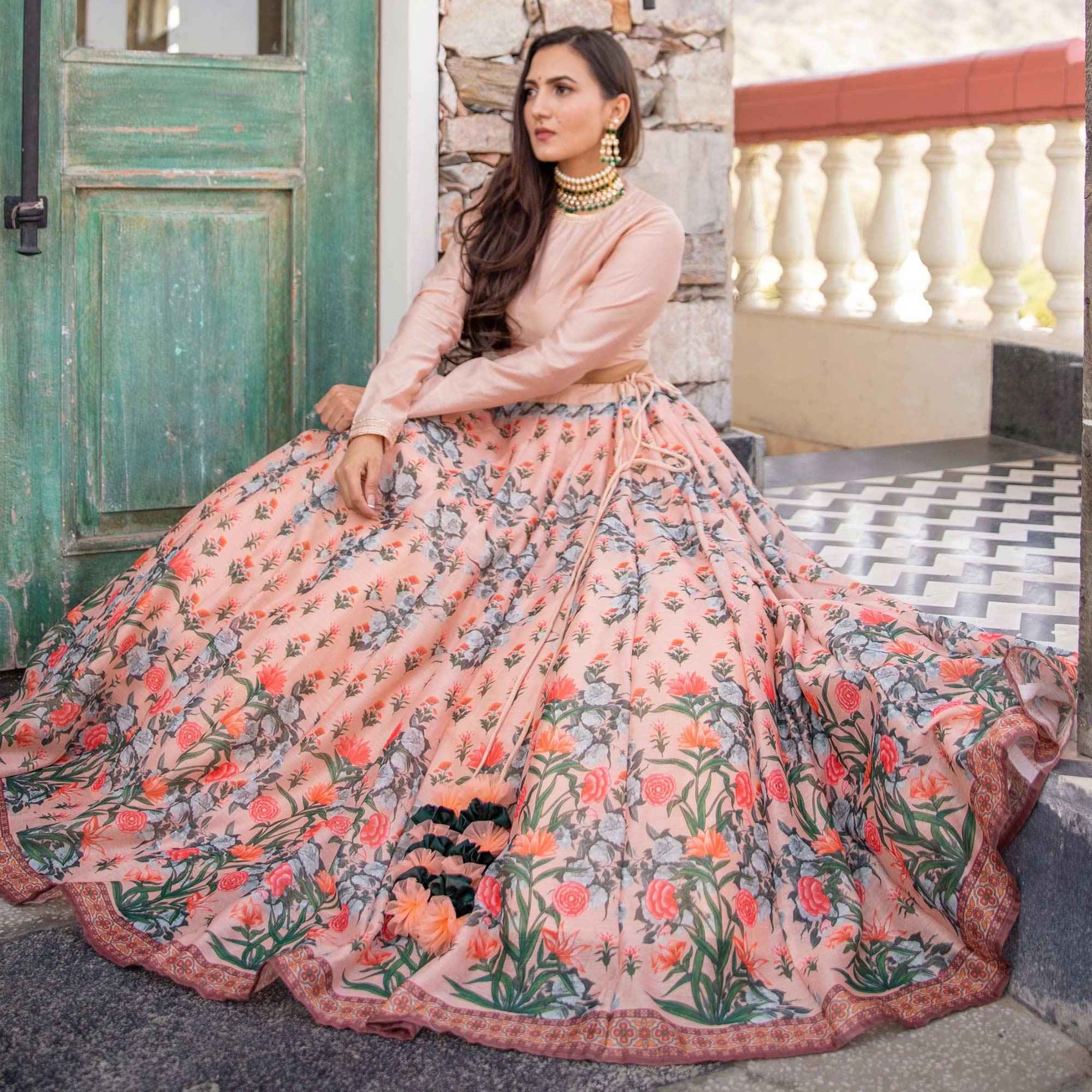 Light Peach Wedding Wear Designer Floral Prined Chanderi Designer Lehenga Choli - Peachmode