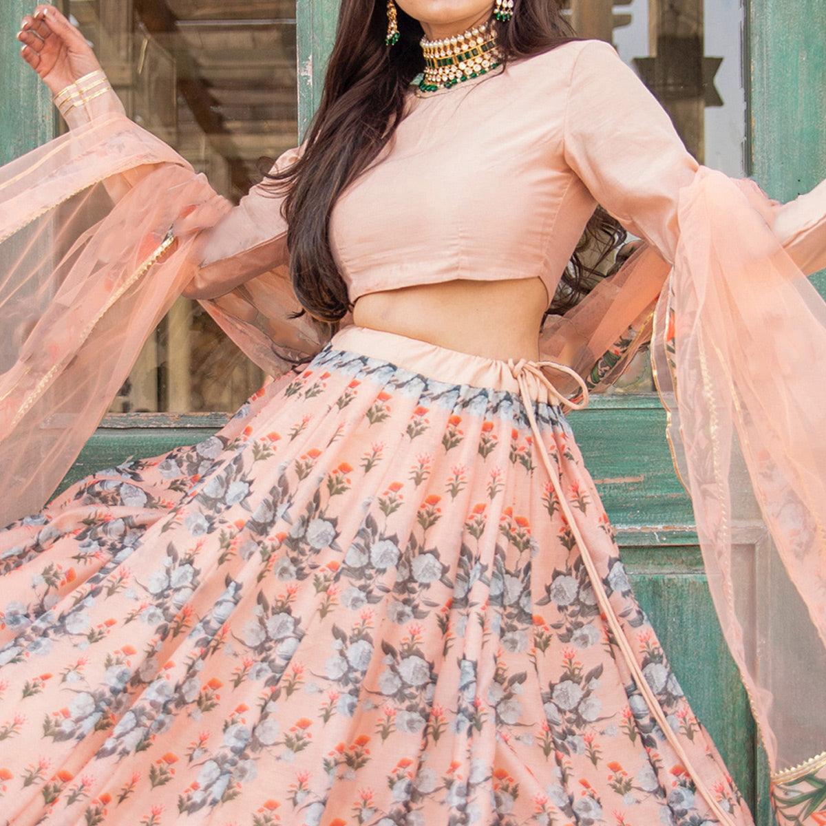 Light Peach Wedding Wear Designer Floral Prined Chanderi Designer Lehenga Choli - Peachmode