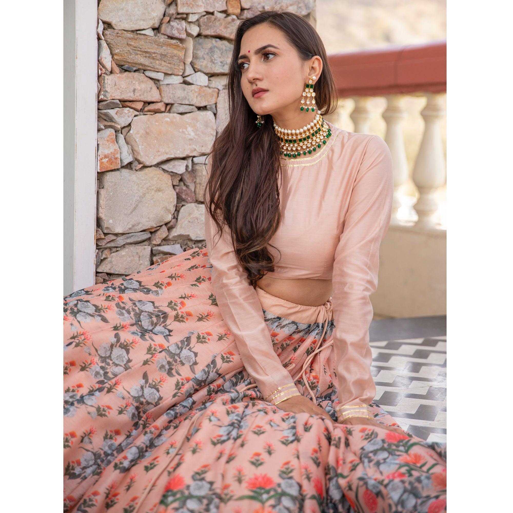 Light Peach Wedding Wear Designer Floral Prined Chanderi Designer Lehenga Choli - Peachmode