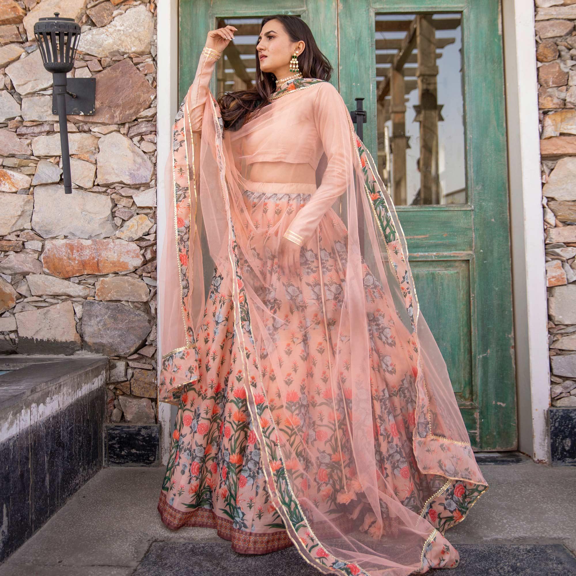 Light Peach Wedding Wear Designer Floral Prined Chanderi Designer Lehenga Choli - Peachmode
