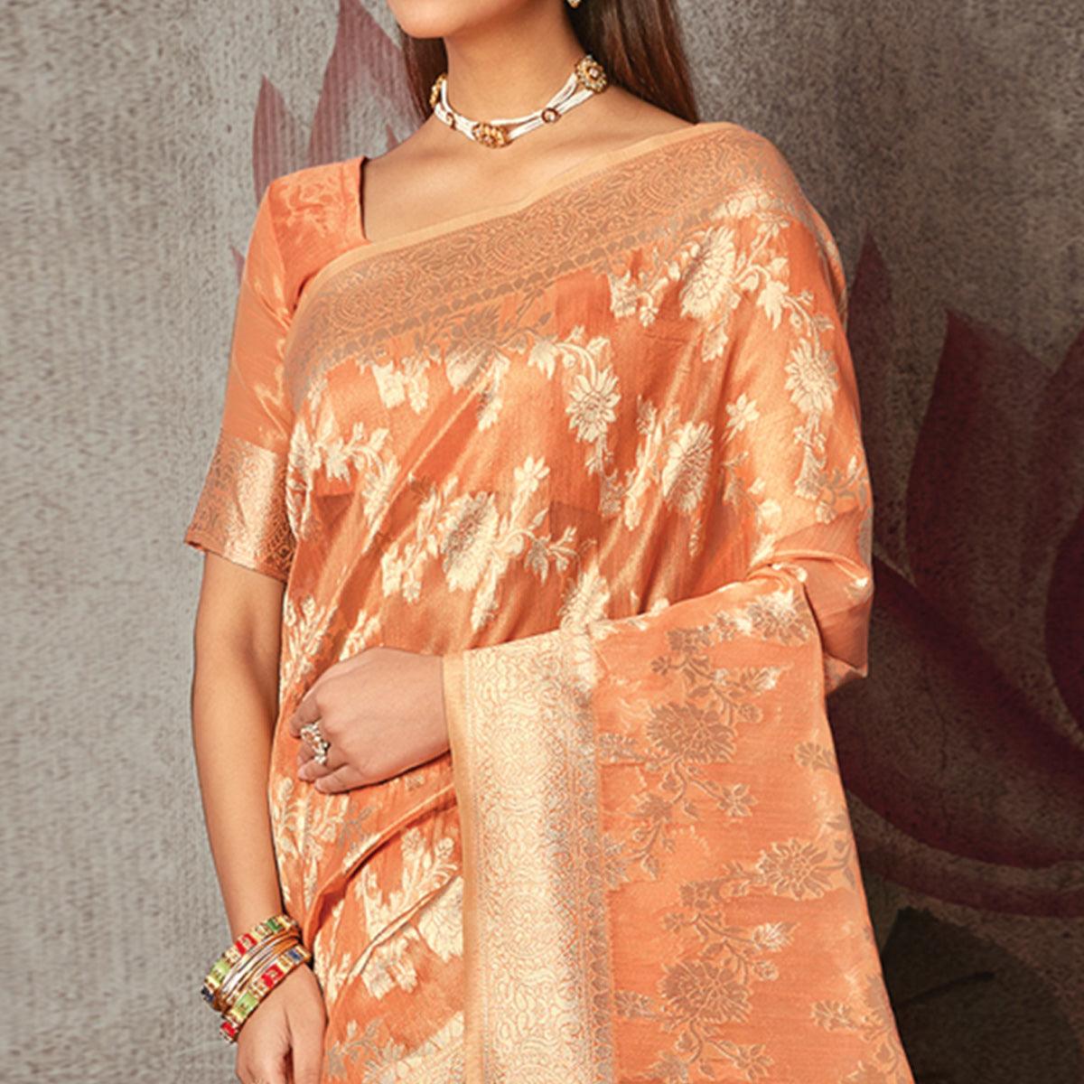 Light Peach Woven Art Silk Saree With Tassels - Peachmode