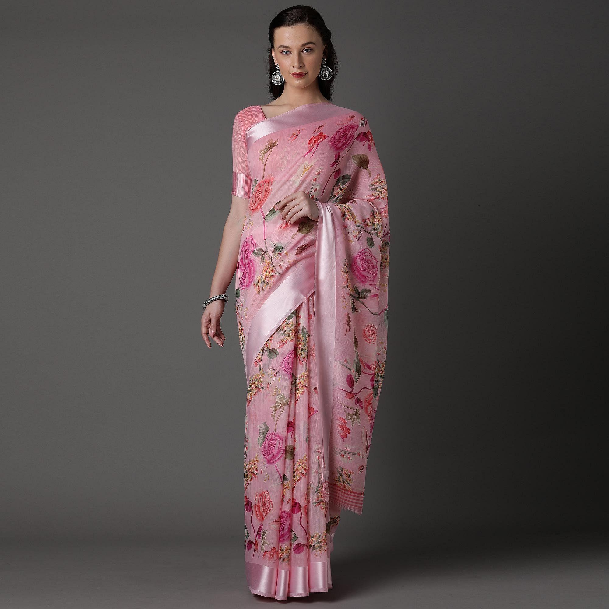 Light Pink  Casual Cotton Silk with Satin Patta Printed Saree With Unstitched Blouse - Peachmode
