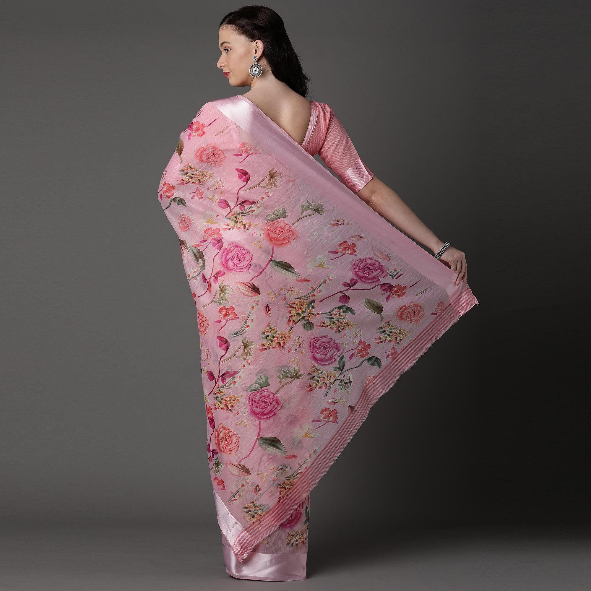Light Pink  Casual Cotton Silk with Satin Patta Printed Saree With Unstitched Blouse - Peachmode