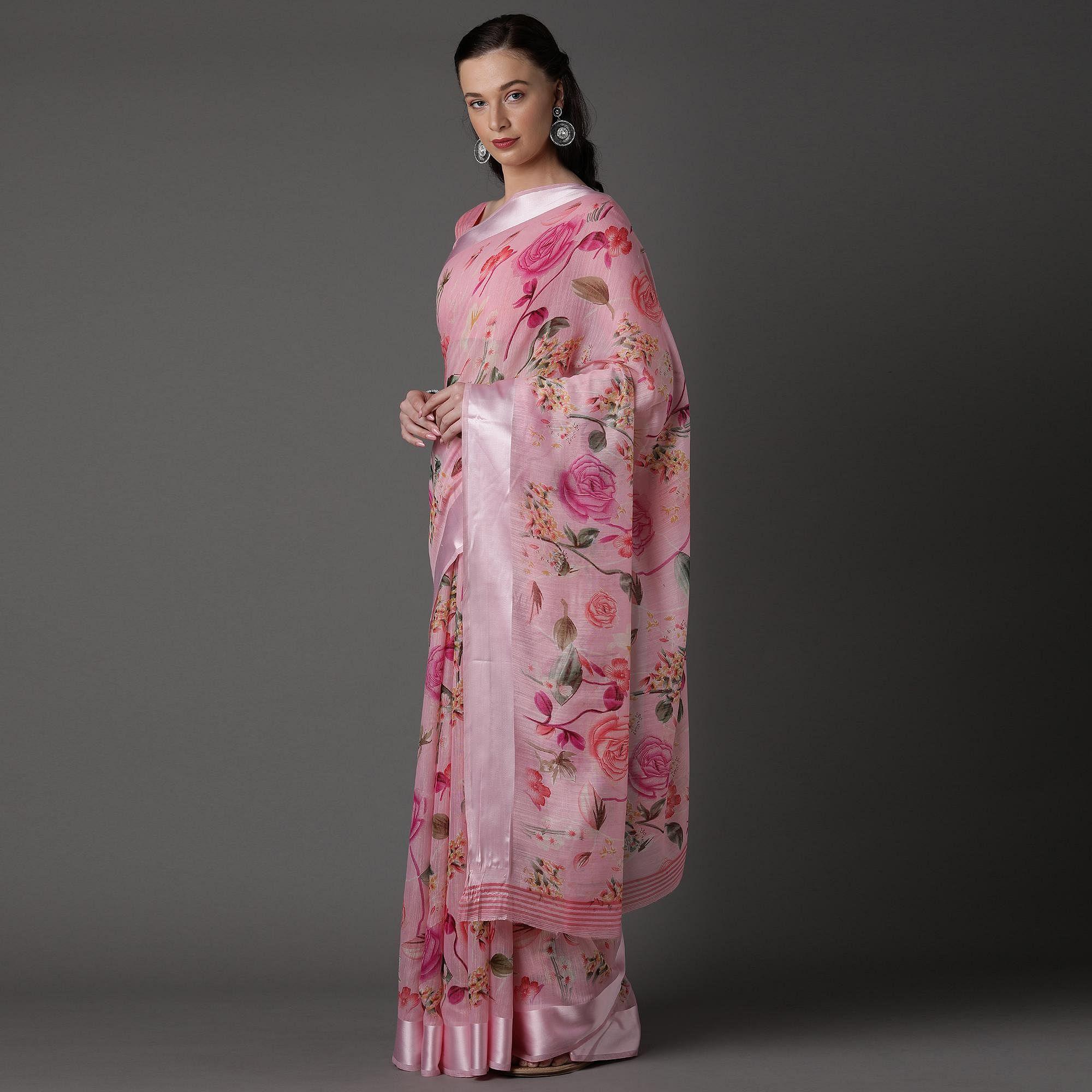 Light Pink  Casual Cotton Silk with Satin Patta Printed Saree With Unstitched Blouse - Peachmode